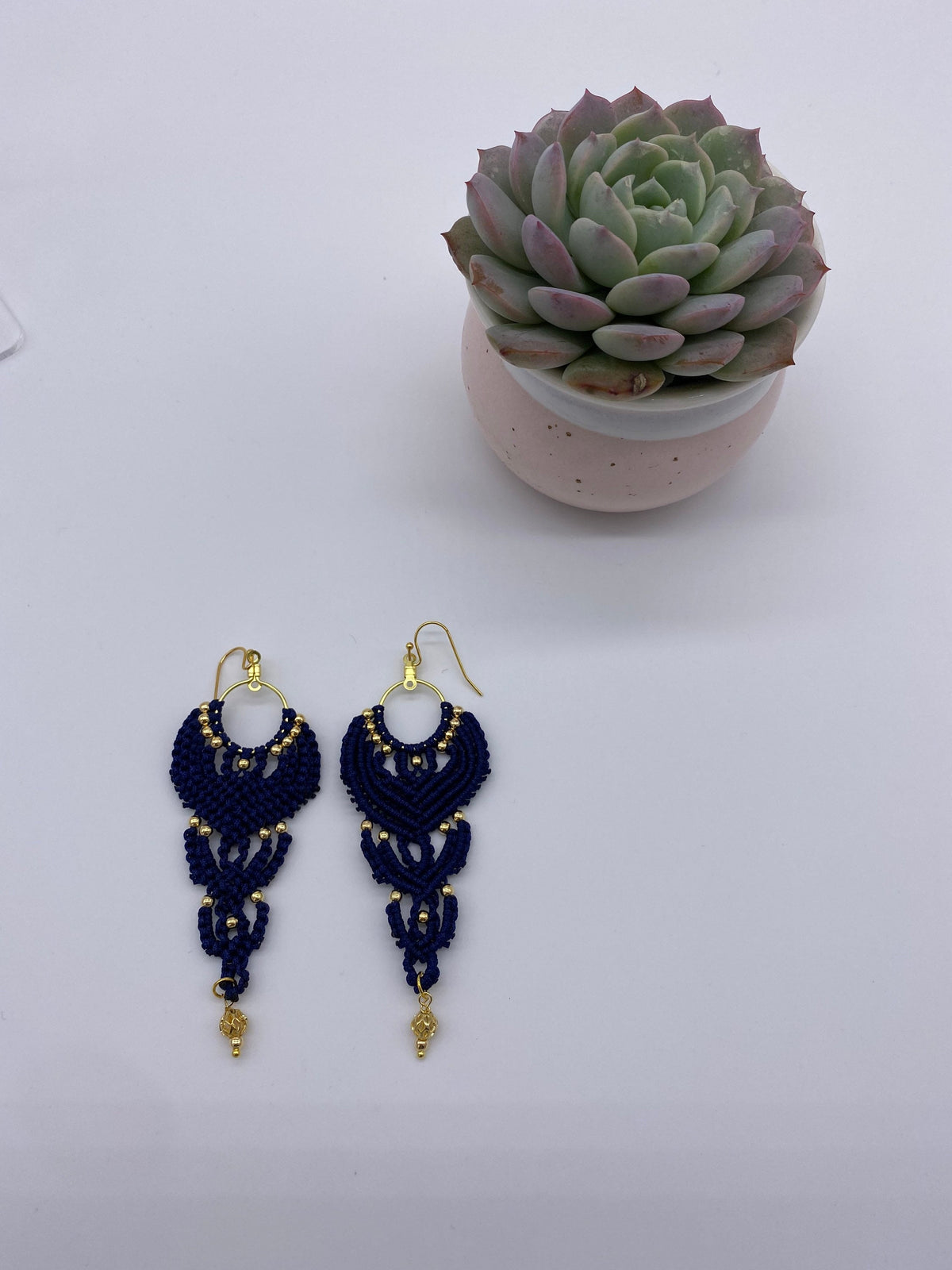 Navy Macrame Dangle Earrings: Bohemian Tribal Jewelry