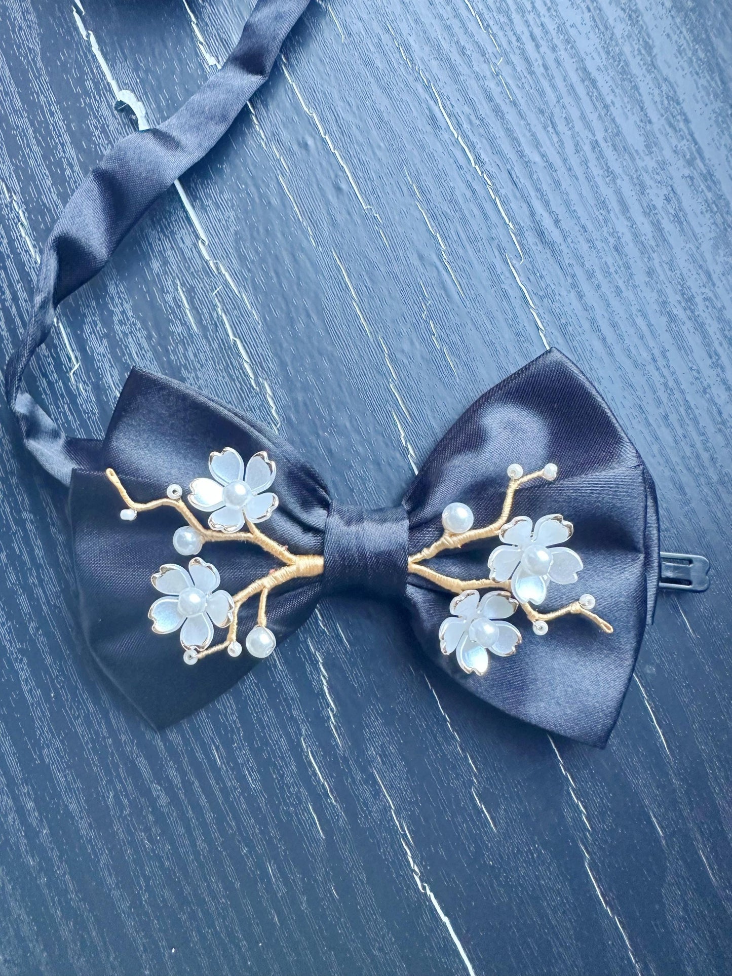Handmade Bow Tie for women Men,Boys – Black Satin Bow Tie with white Cherry Blossom Branch – Asian Inspired Wedding Formal Accessory
