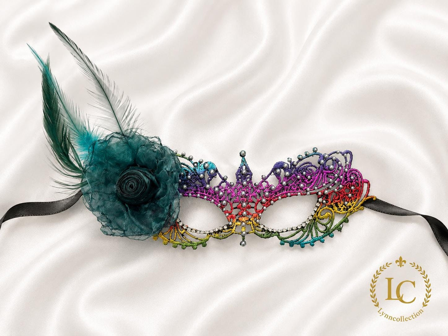 Rainbow color Masquerade Mask with silk flower and white color Resin Pearls , Women's Masquerade Mask, Masquerade Ball Masks, Lace Mask