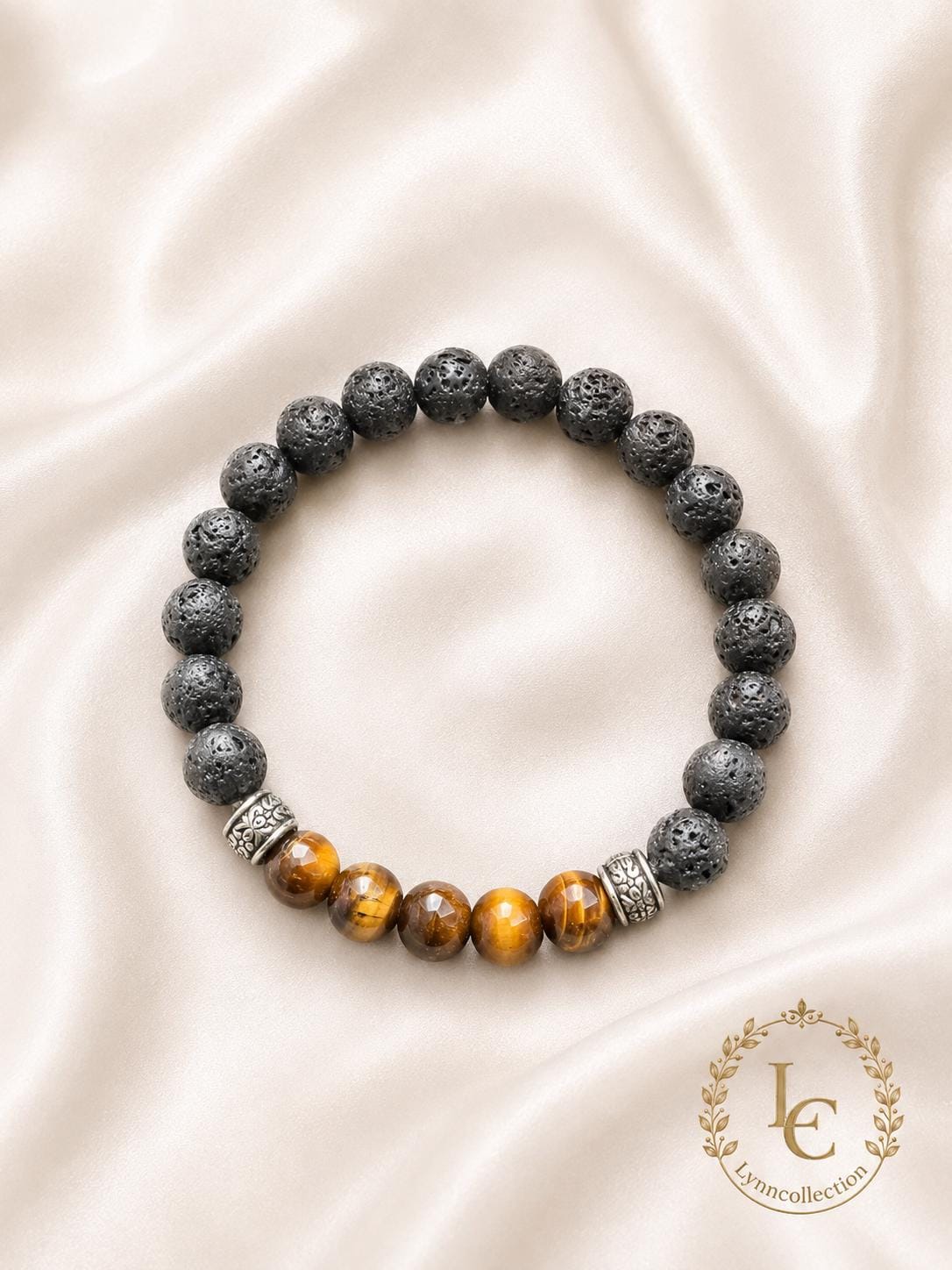 Lava Stone Beaded Bracelet with Yellow Tiger's Eye , Black Volcanic Stone Stretch Bracelet - Gemstone Bracelet for HIM AND HER.