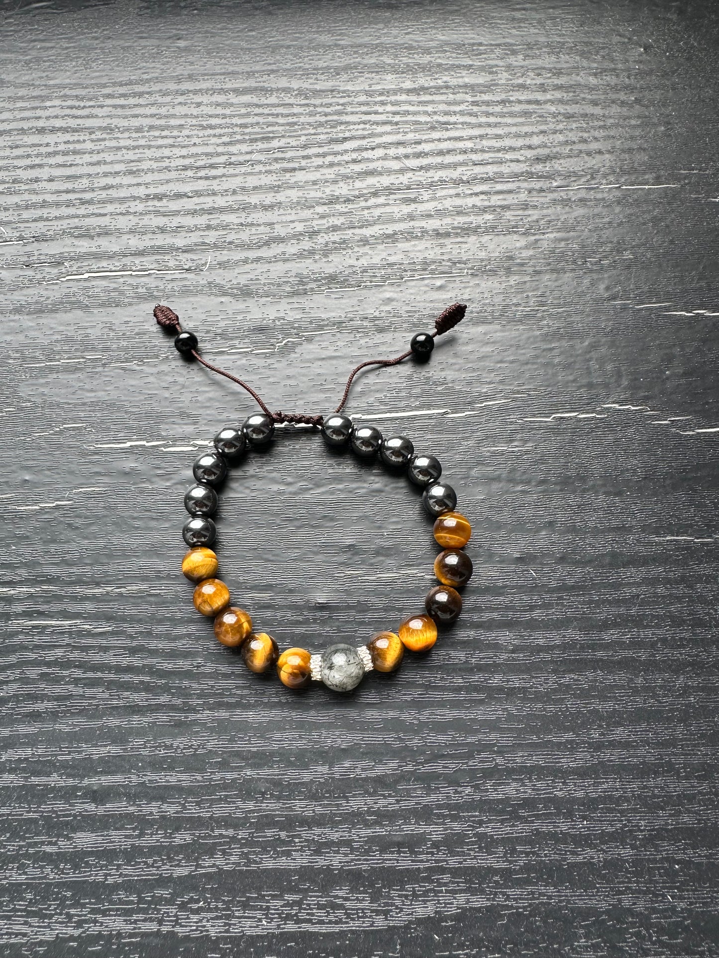 Bracelet For Men Natural Stone Beads 8mm Yellow Tiger Eye, hematite, one piece Black Rutilated Quartz in the middle with 925 Sterling Silver space bead Stretch Bracelets Adjustable Bracelet for Men