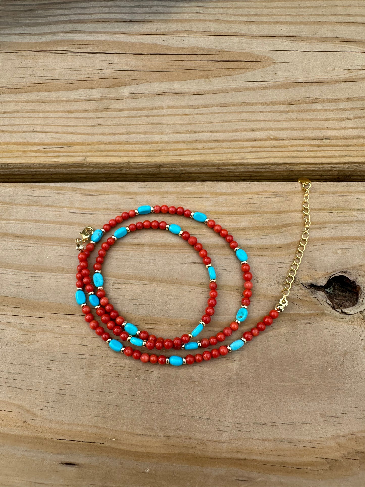 925 Sterling Silver gold plated with Red Coral And Turquoise three row bracelet and necklace ( two in one)