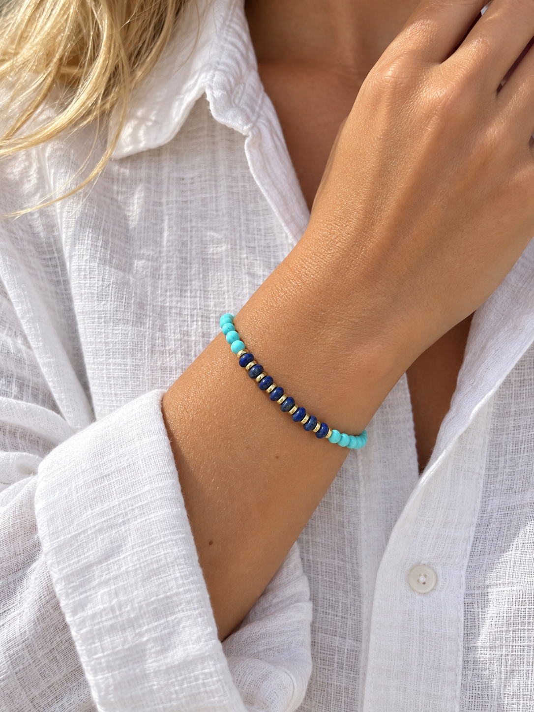 Handmade Bracelet for HIM OR HER. Made with 3mm turquoise. 14K Gold Plated Spacer Beads, 2x3mm lapis lazuli, Adjustable knotted Cord