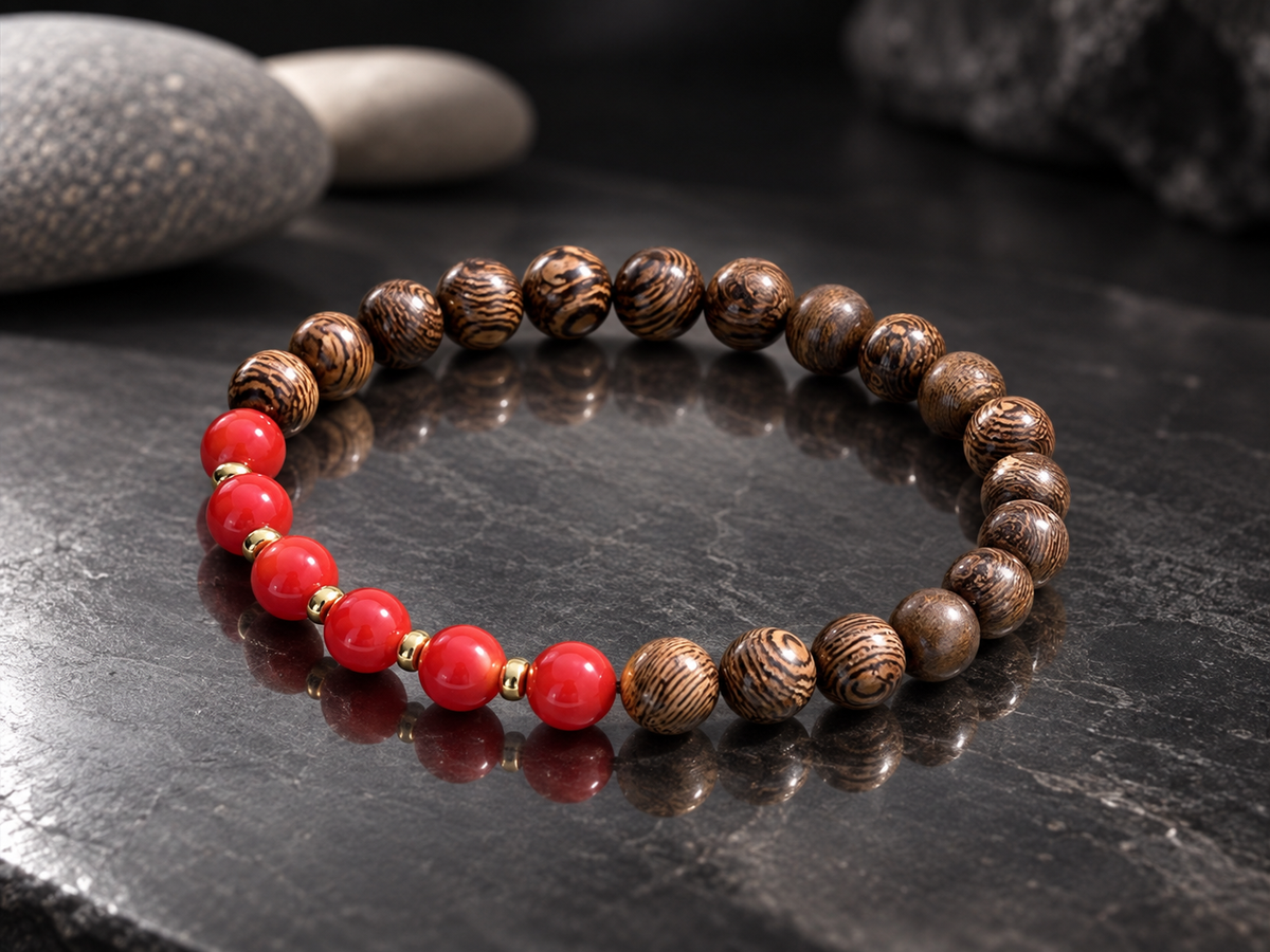 Bracelet for HIM AND HER, Made it with 6mm Sandalwoods and 6mm nurture Corals with Elastic stretch cord, with 14k gold plated space