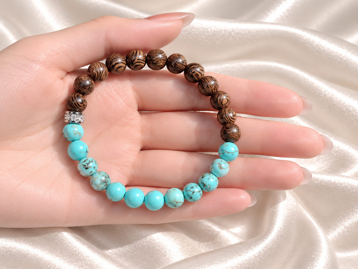 Bracelet for HIM AND HER, Made it with 6mm  Sandalwoods and 6mm Turquoise, Elastic stretch cord