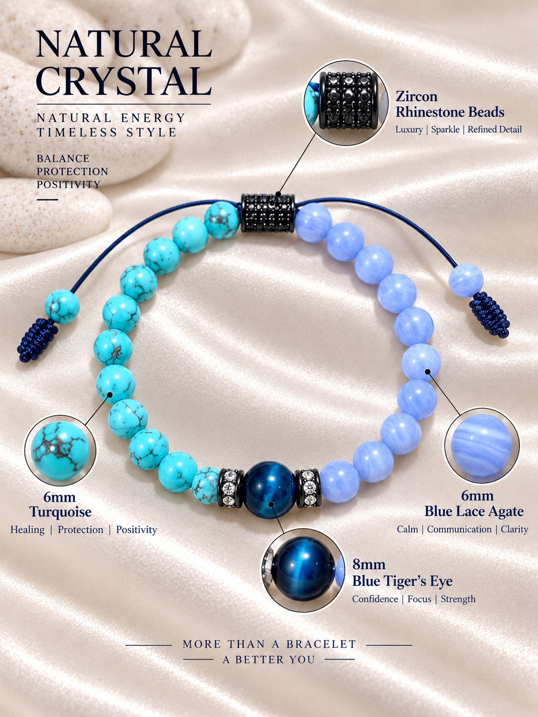 Handmade Bracelet for HIM OR HER. 6mm turquoise. 6mm blue lace agate, 8mm blue tiger’s eye. Zircon Rhinestone Beads Adjustable knotted cord