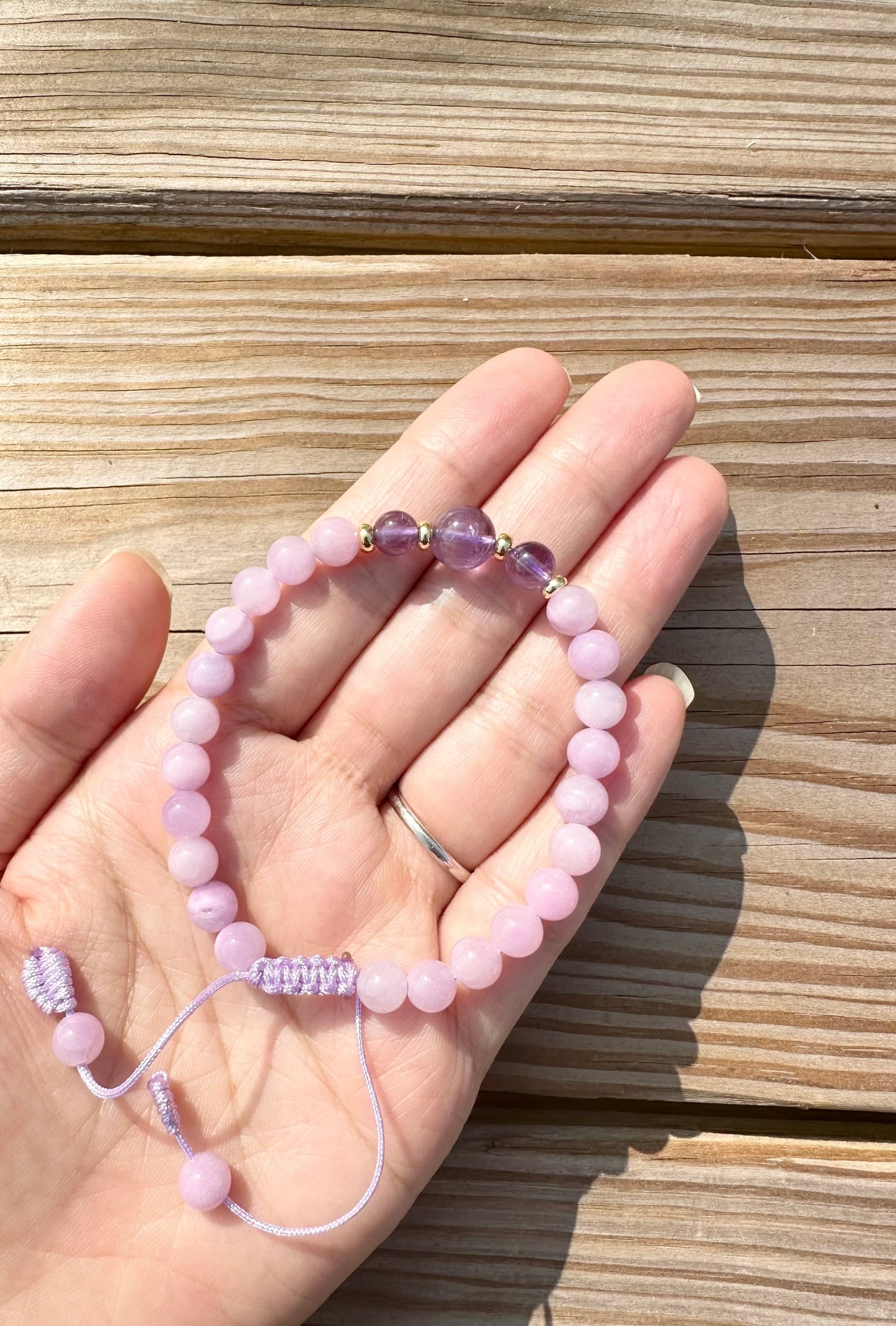 Natural Stone Beads 6mm Natural Kunzite with Amethyst with Elastic stretches for a secure, easy fit Handmade Bracelet, Women bracelet