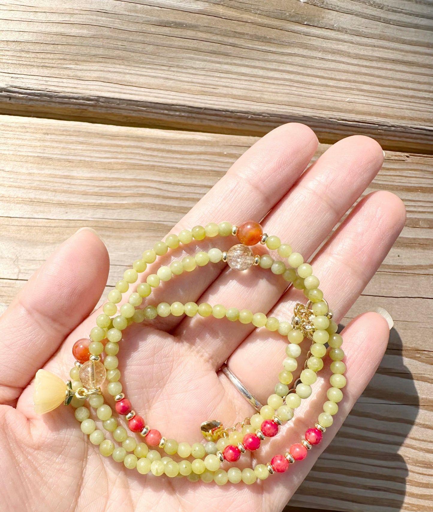 925 Sterling Silver gold plated with main stone 3mm Peridot gemstone, Coral, citrine crystal , made three row bracelet and 18inch length necklace ( two in one)