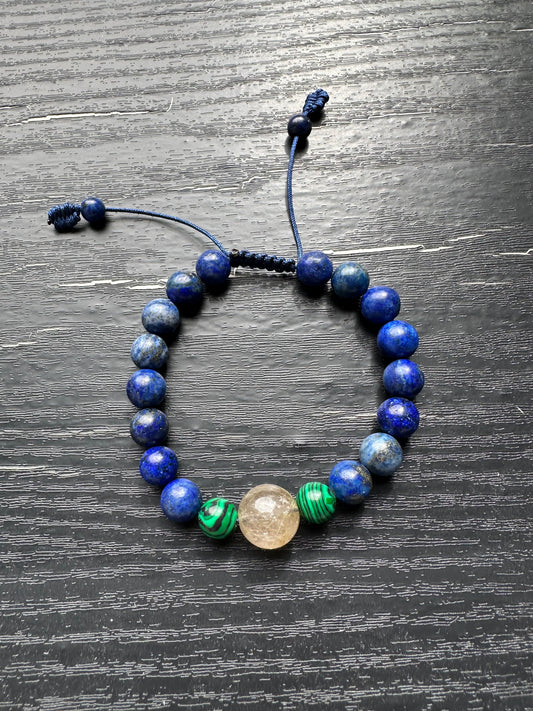 Bracelet For Men Natural Stone Beads 8mm Lapis Lazuli Stretch with two pieces Malachite, one piece 12mm Golden Rutilated Quartz in the middle Bracelets Adjustable Bracelet for Men