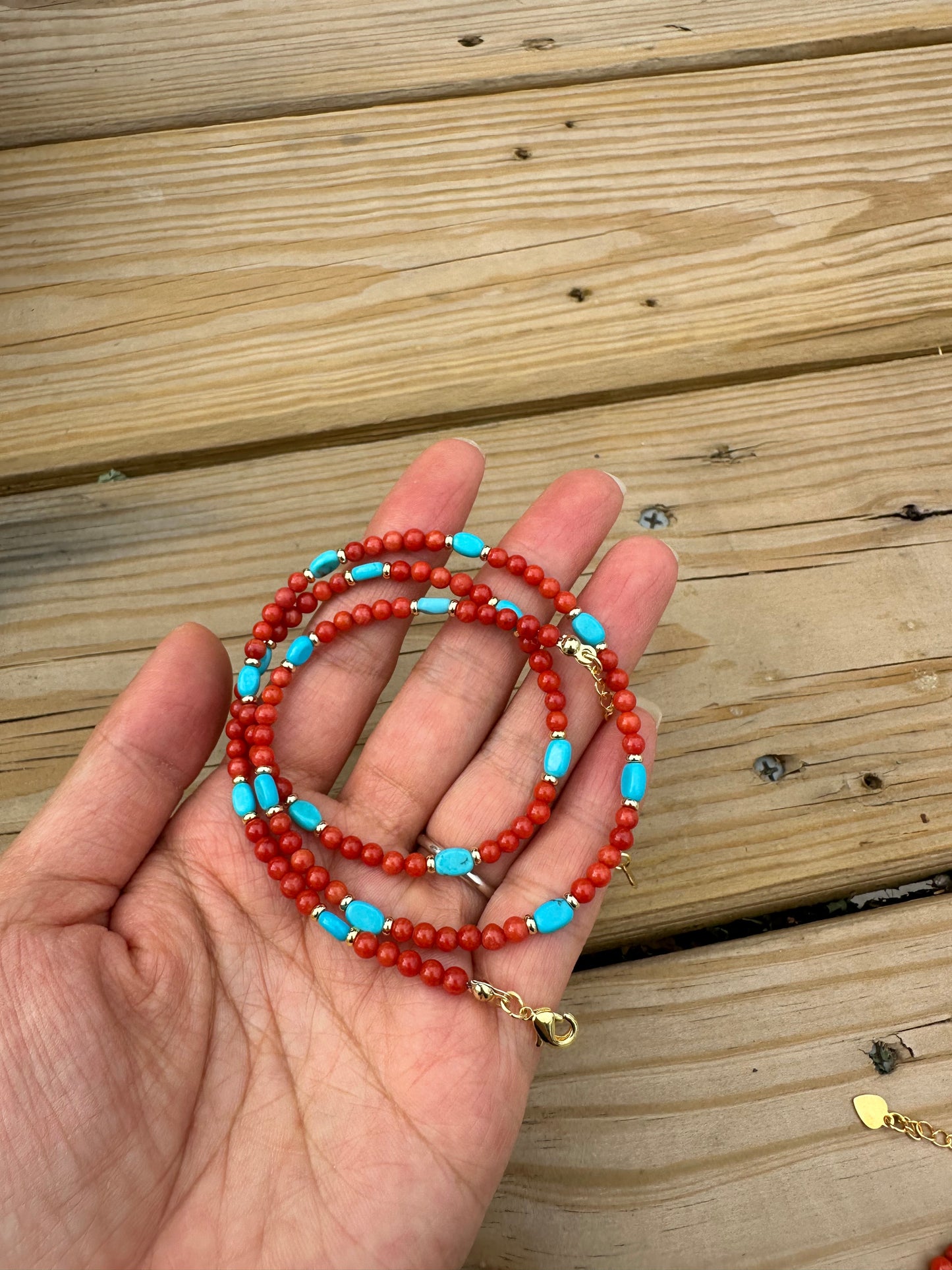 925 Sterling Silver gold plated with Red Coral And Turquoise three row bracelet and necklace ( two in one)