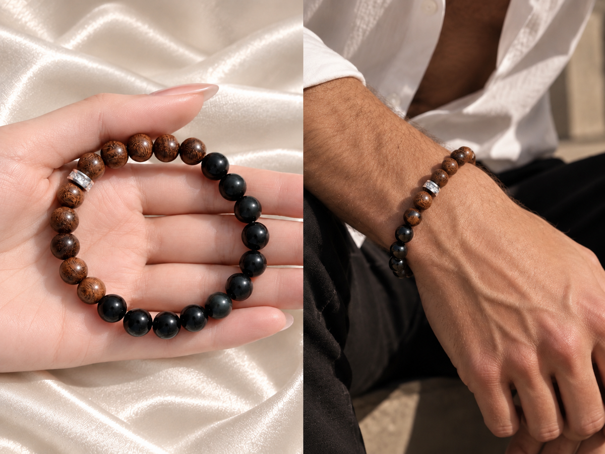 Beaded Bracelet for Him & Her, 8mm sandalwood, 8mm Natural Black Obsidian Elastic Stretch Cord