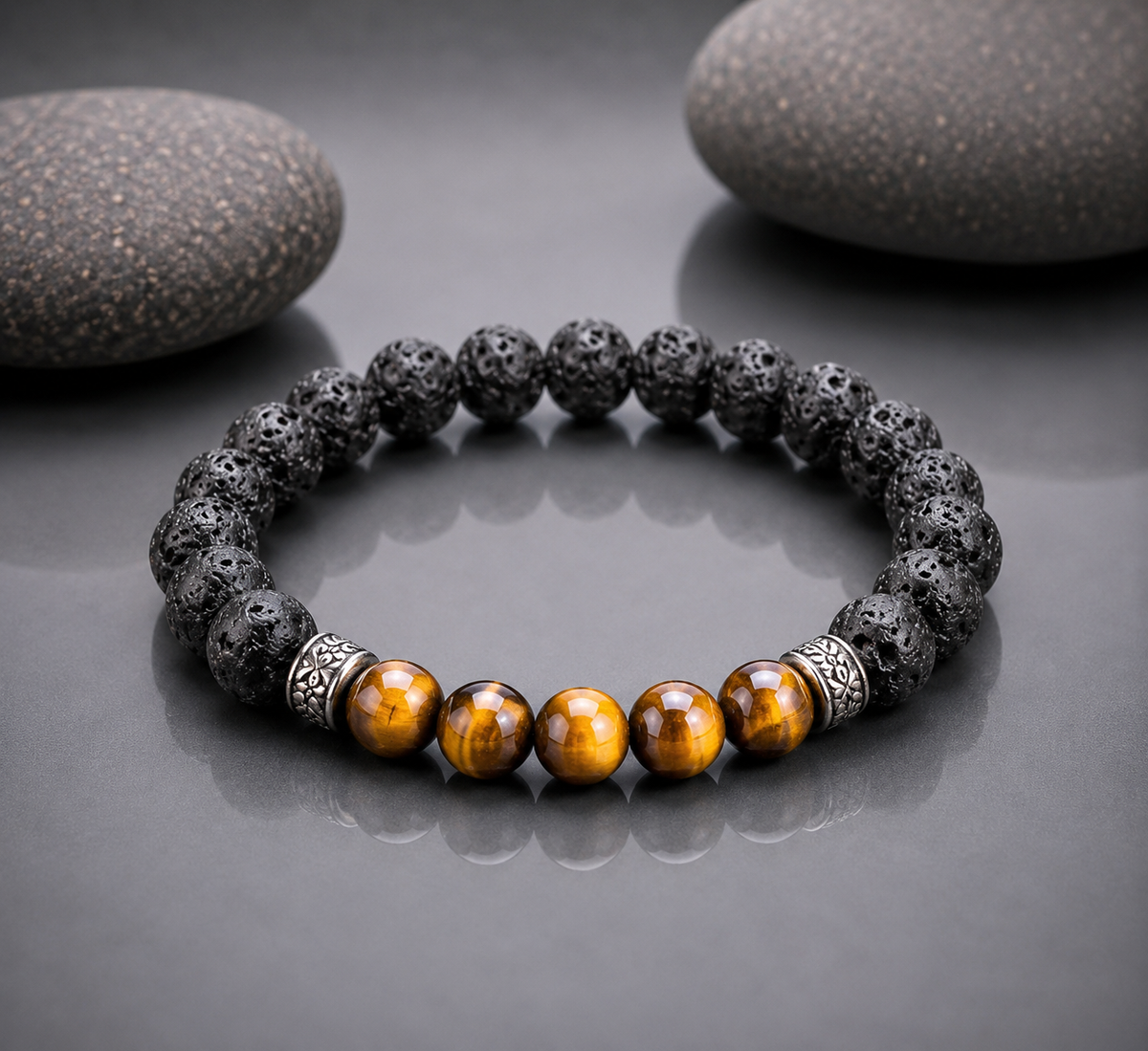 Gemstone Bracelet for HIM OR HER,8mm Black lava stone beads with 8mm yellow tiger eye beads, Tibetan decorative spacers / Elastic stretch cord