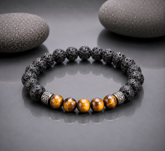 Gemstone Bracelet for HIM OR HER,8mm Black lava stone beads with 8mm yellow tiger eye beads, Tibetan decorative spacers / Elastic stretch cord