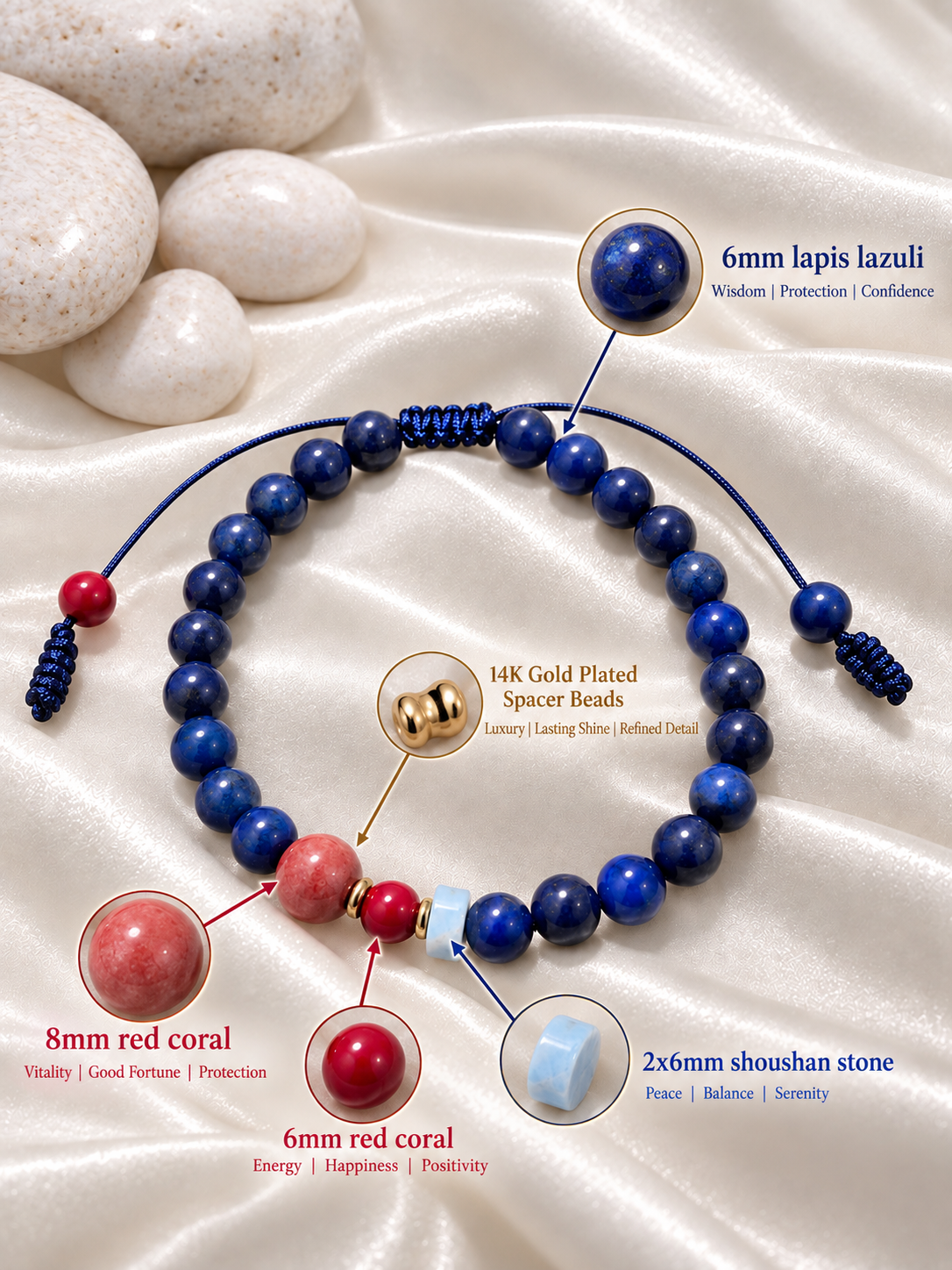 Handmade Bracelet for HIM OR HER. Made with lapis lazuli, 6mm red coral. 8mm red coral, 14K Gold Plated Spacer Beads, 3x6mm shoushan stone