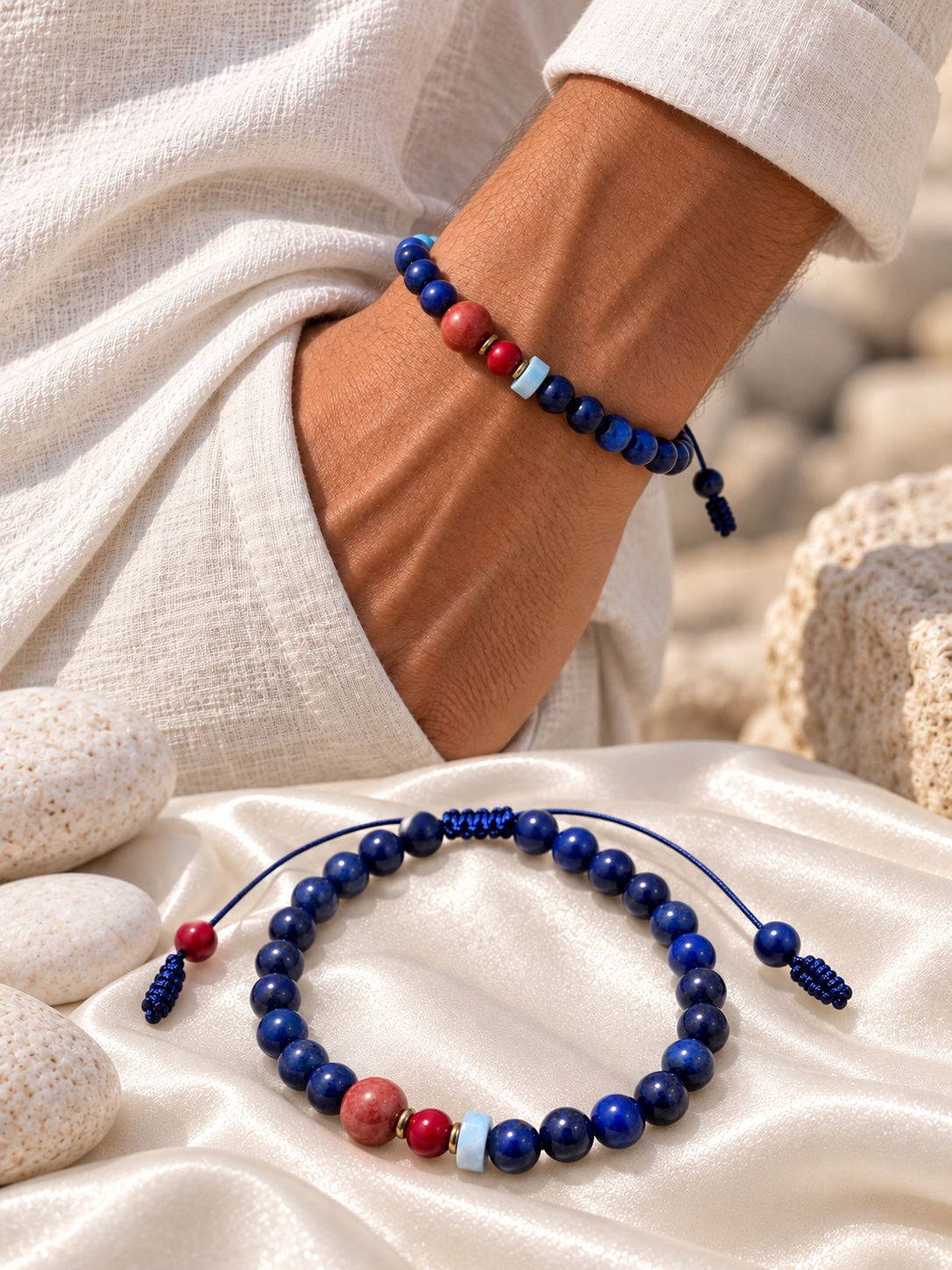 Handmade Bracelet for HIM OR HER. Made with lapis lazuli, 6mm red coral. 8mm red coral, 14K Gold Plated Spacer Beads, 3x6mm shoushan stone