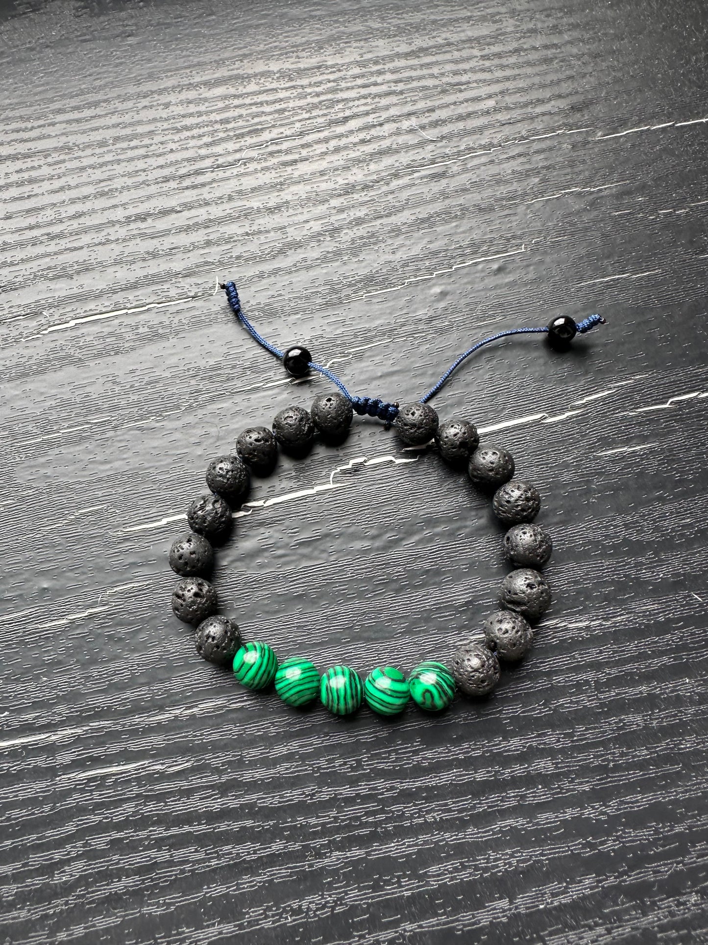 Bracelet For Men Natural Stone Beads 8mm Lava Rock with 5 pieces Malachite in the middle with Stretch Bracelets Adjustable Bracelet for Men