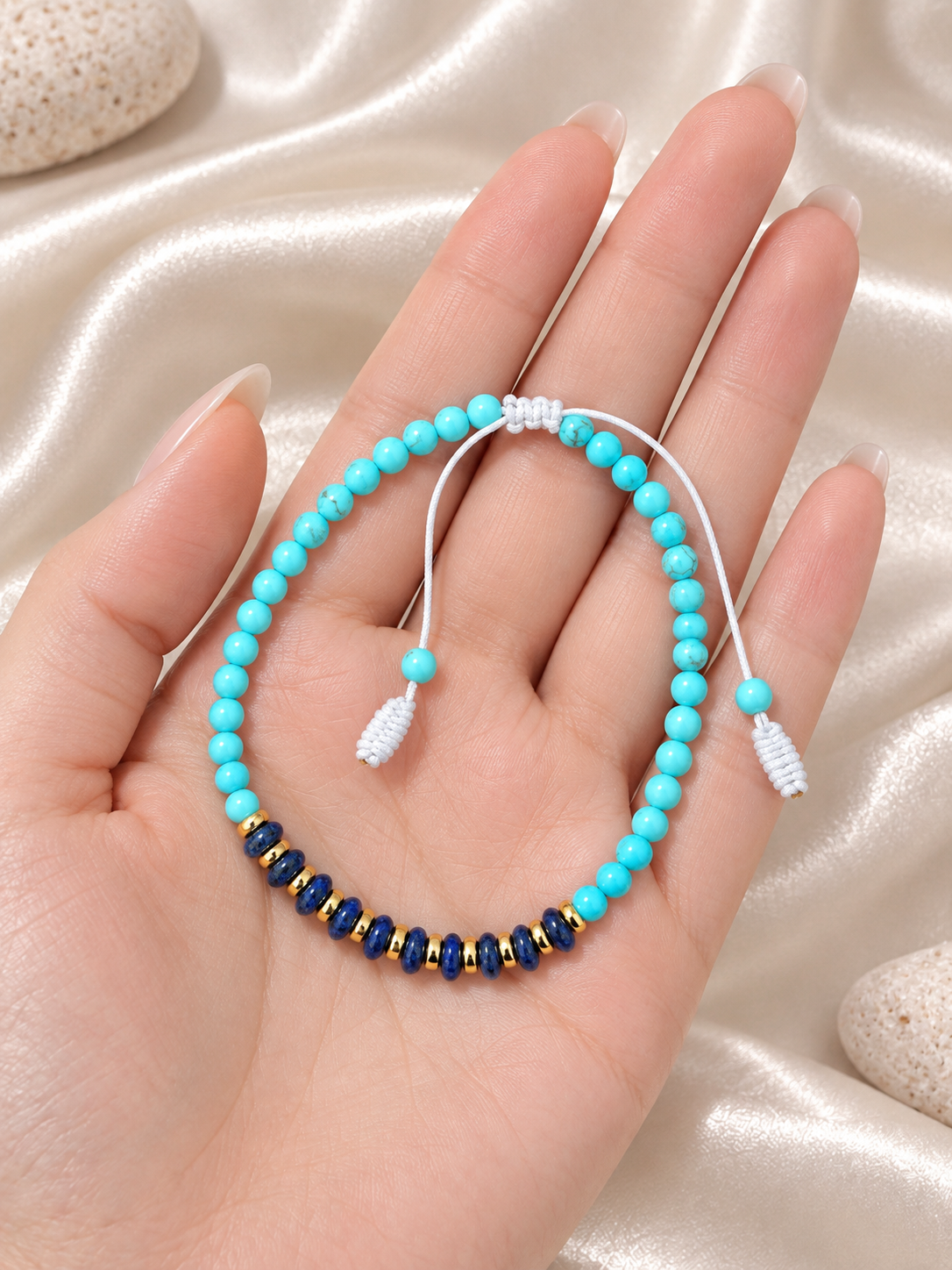 Handmade Bracelet for HIM OR HER. Made with 3mm turquoise. 14K Gold Plated Spacer Beads, 2x3mm lapis lazuli, Adjustable knotted Cord