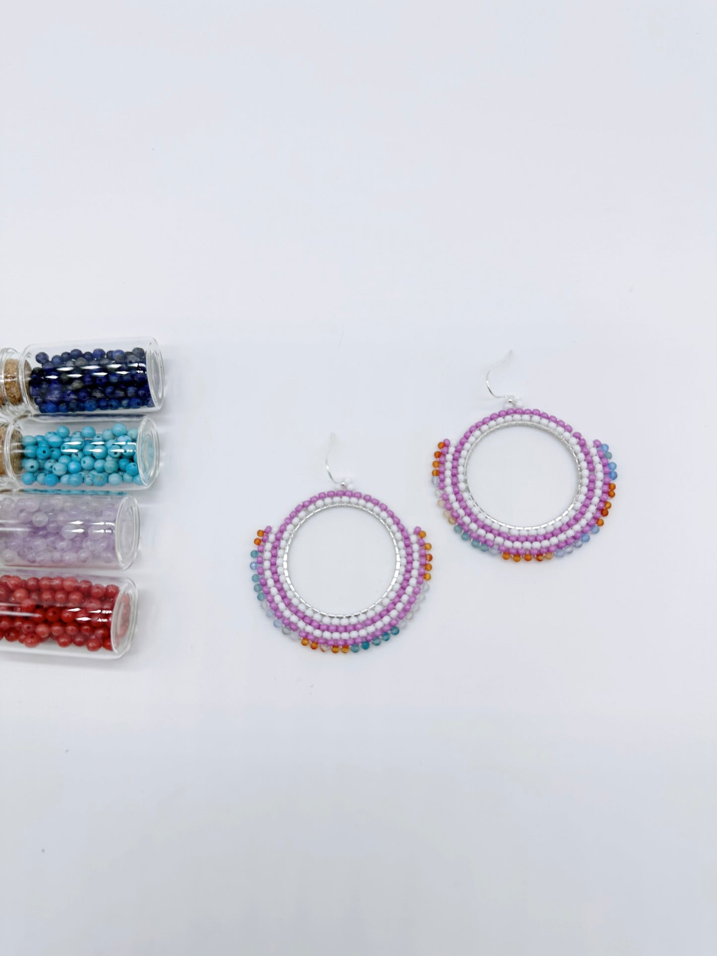 Handmade Earrings with seed beads and 2mm mixed colors gemstone with 925 sterling silver hook