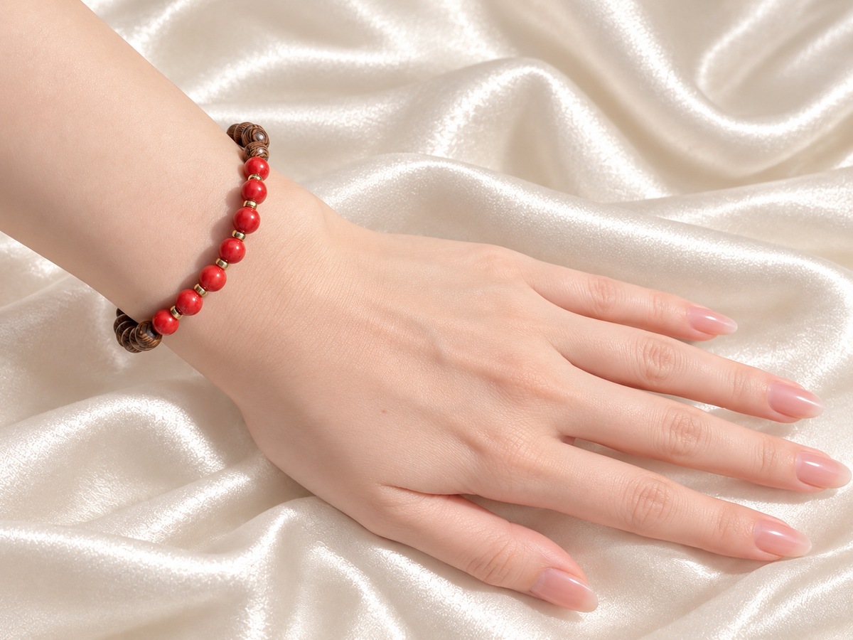 Bracelet for HIM AND HER, Made it with 6mm Sandalwoods and 6mm nurture Corals with Elastic stretch cord, with 14k gold plated space