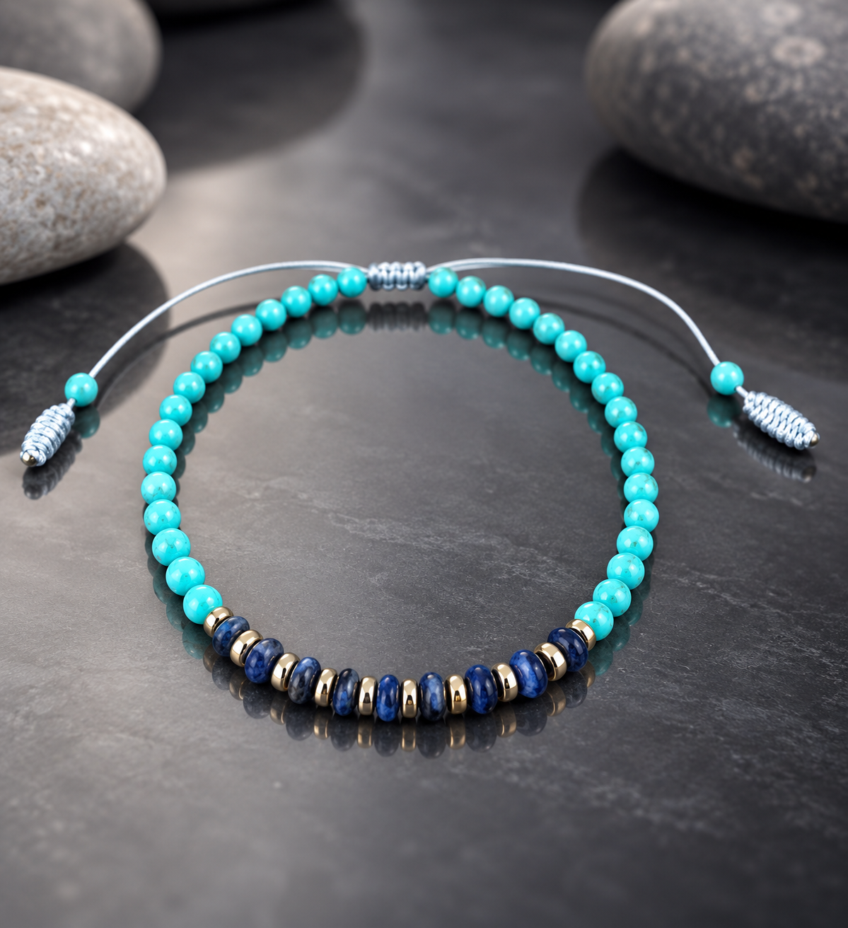Handmade Bracelet for HIM OR HER. Made with 3mm turquoise. 14K Gold Plated Spacer Beads, 2x3mm lapis lazuli, Adjustable knotted Cord