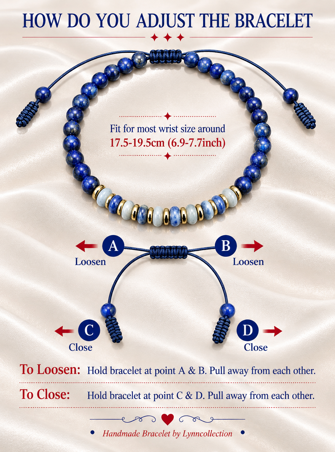 Handmade Bracelet for HIM OR HER. Made with 3mm lapis lazuli, 14K Gold Plated Spacer Beads, 2x3mm Blue and white Sodalite. Adjustable knotted Cord