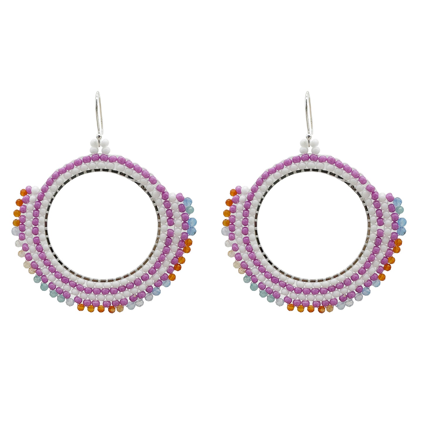 Handmade Earrings with seed beads and 2mm mixed colors gemstone with 925 sterling silver hook