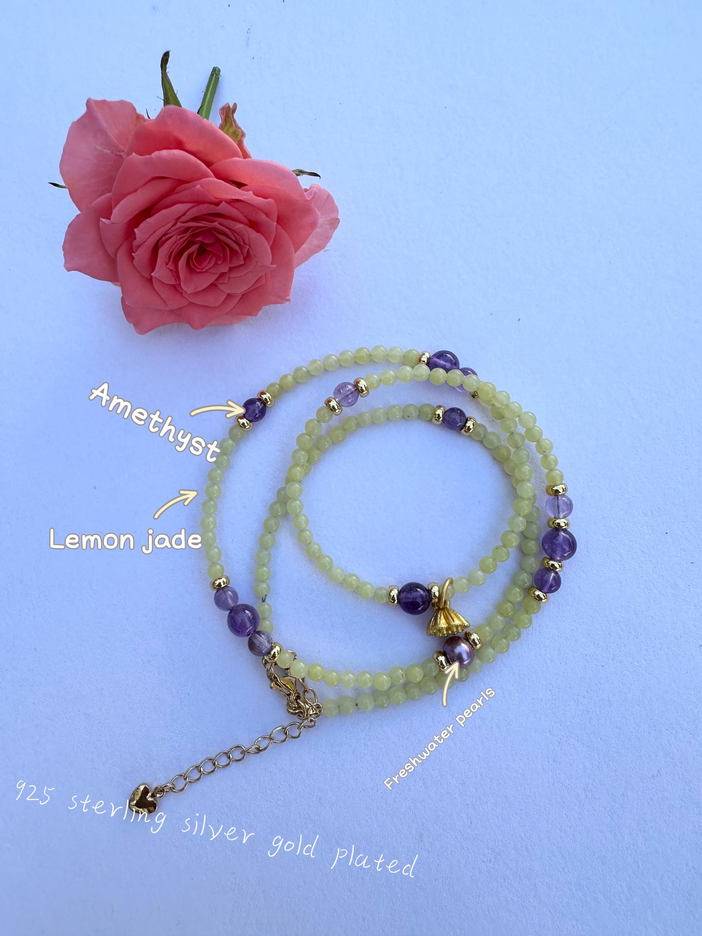 925 Sterling Silver gold plated with main stone 3mm Lemon jade, Amethyst , made three row bracelet and 18inch length necklace ( two in one)