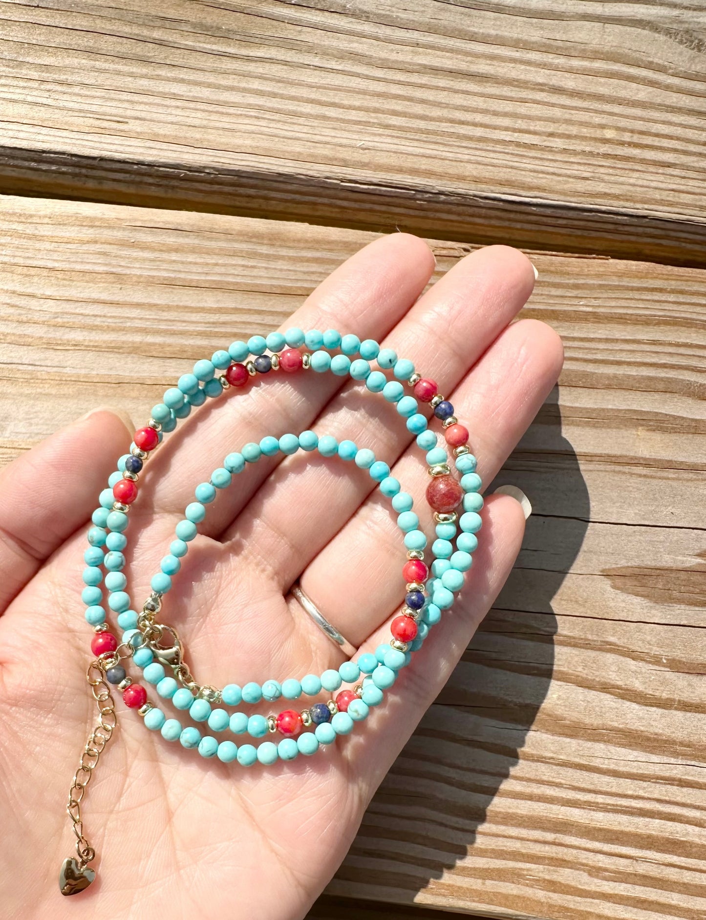 925 Sterling Silver gold plated with main stone 3mm Turquoisen Coral , 3mm Lapis Lazuli, made three row bracelet and 18inch length necklace ( two in one)