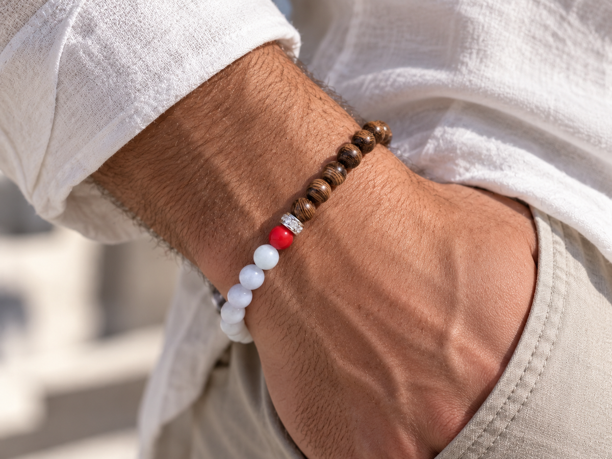 Bracelet for HIM AND HER, Made it with 6mm Sandalwoods and 6mm nurture Aquamarine with Elastic stretch cord