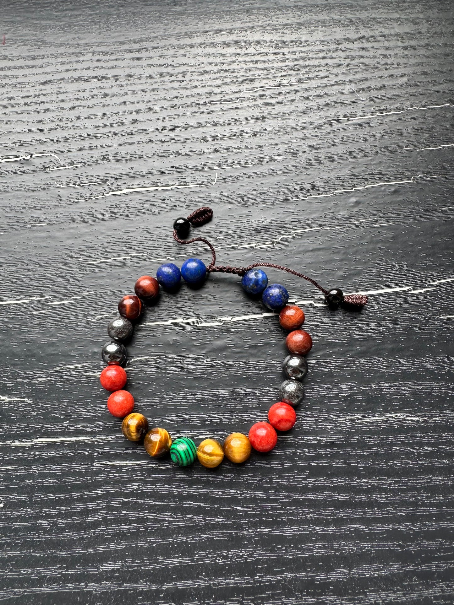 Bracelet For Men Natural Stone mixed Beads 8mm with Lapis Lazuli,Red Tiger eye,Hematite,Coral, Yellow Tiger Eye, one piece Malachite in the middle Stretch Bracelets Adjustable Bracelet for Men