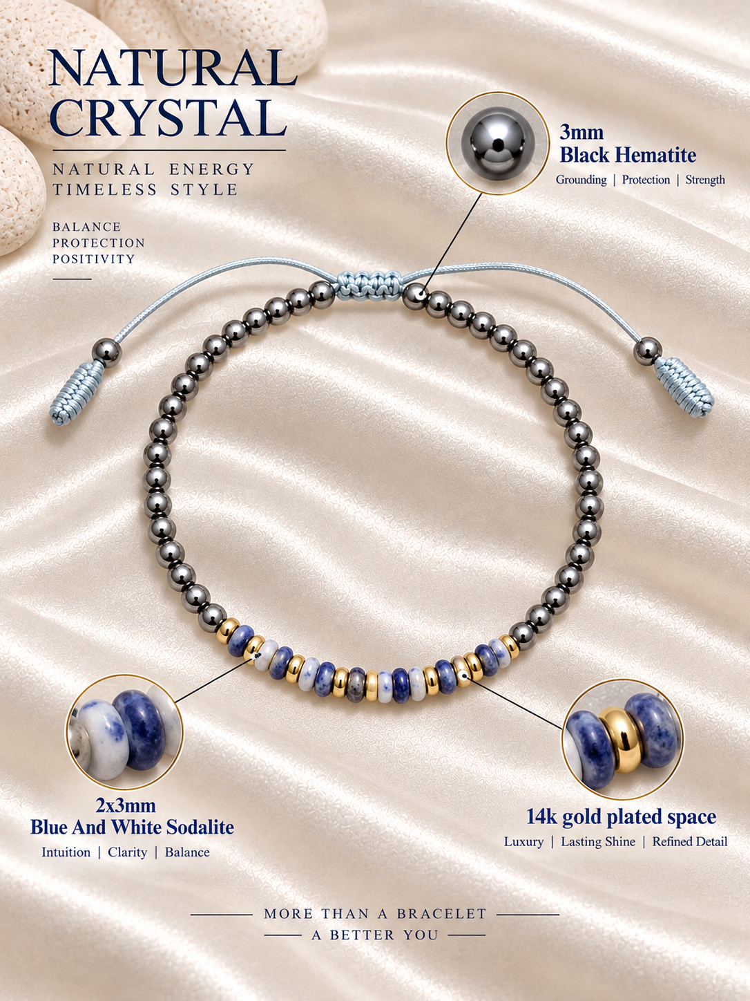 Handmade Bracelet for HIM OR HER. Made with 4mm Black Hematite, 2x4mm Blue White Sodalite, 14k gold plated spacer, Adjustable knotted Cord