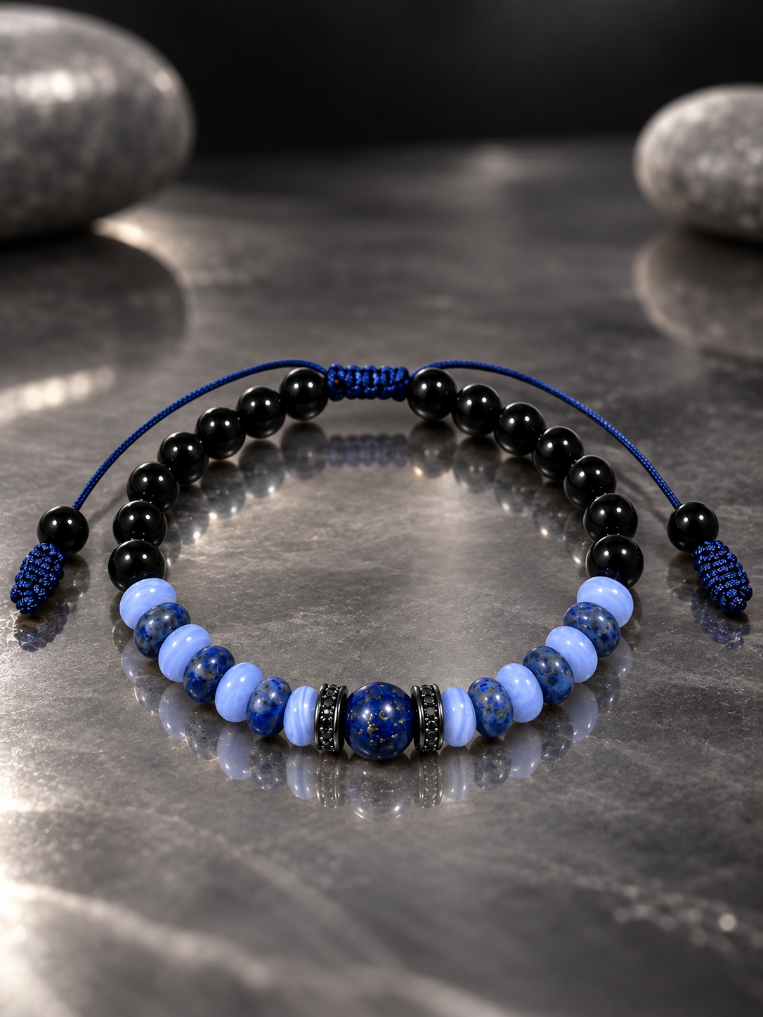 Handmade Bracelet for HIM OR HER. Made with black agate, lapis lazuli, blue lace agate. Zircon Rhinestone Beads, Adjustable knotted Cord