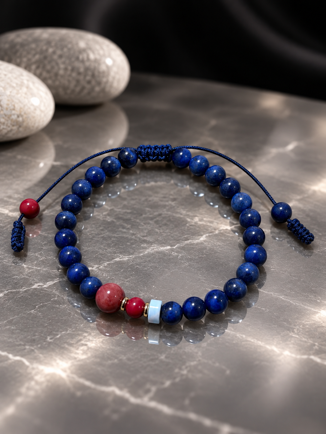 Handmade Bracelet for HIM OR HER. Made with lapis lazuli, 6mm red coral. 8mm red coral, 14K Gold Plated Spacer Beads, 3x6mm shoushan stone