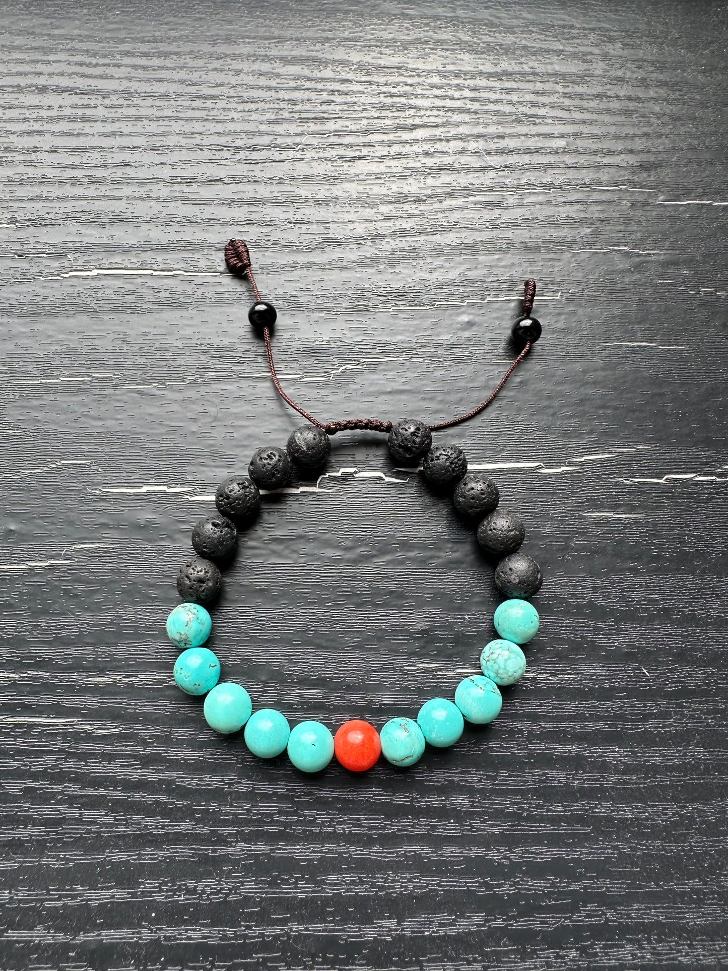 Bracelet For Men Natural Stone Beads 8mm Lava Rock with Turquoise and one piece coral in the middle with Stretch Bracelets Adjustable Bracelet for Men