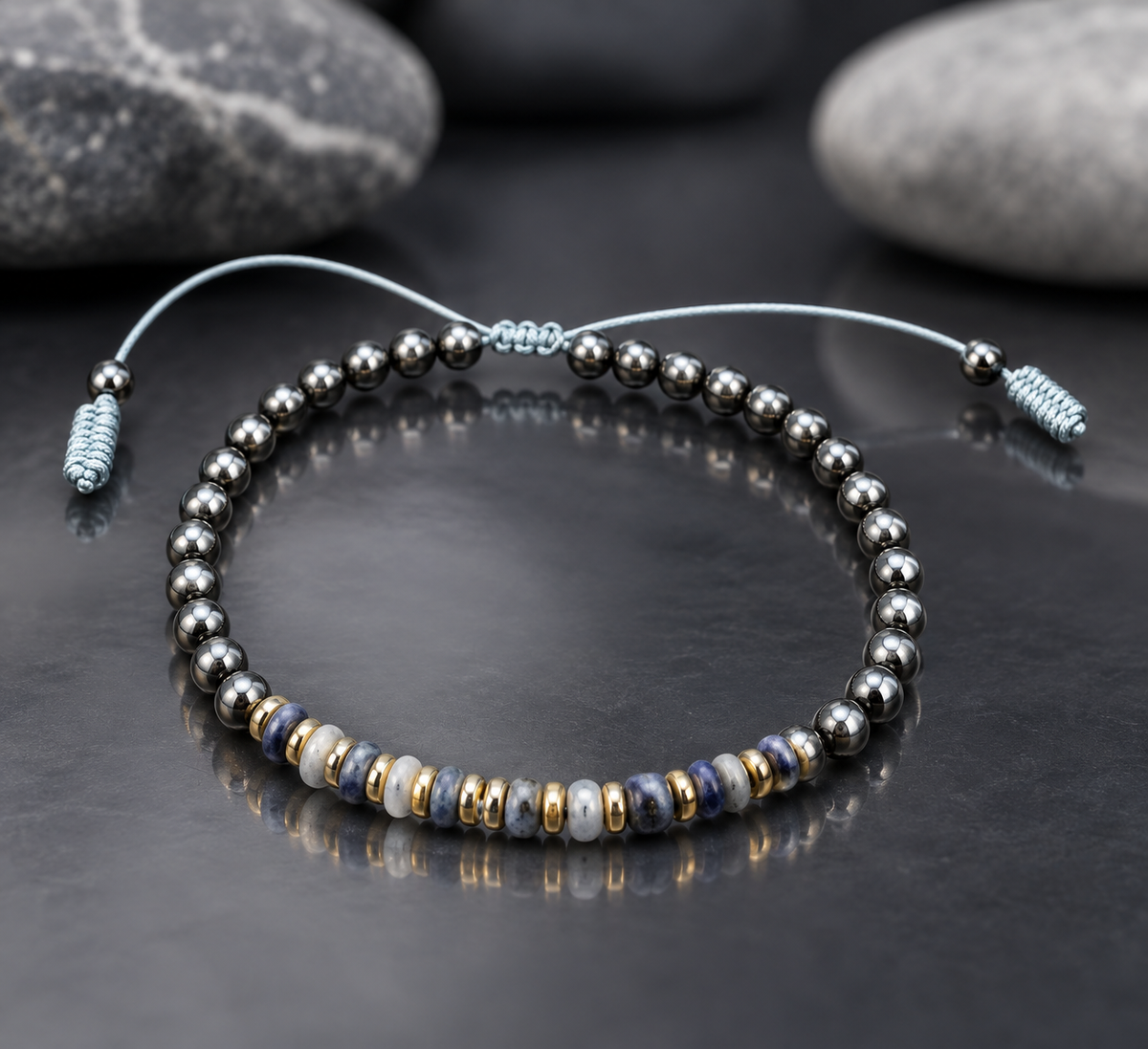Handmade Bracelet for HIM OR HER. Made with 4mm Black Hematite, 2x4mm Blue White Sodalite, 14k gold plated spacer, Adjustable knotted Cord