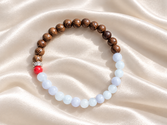 Bracelet for HIM AND HER, Made it with 6mm Sandalwoods, 6mm nurture light blue Aquamarine,  1 piece 6mm coral, with Elastic stretch cord