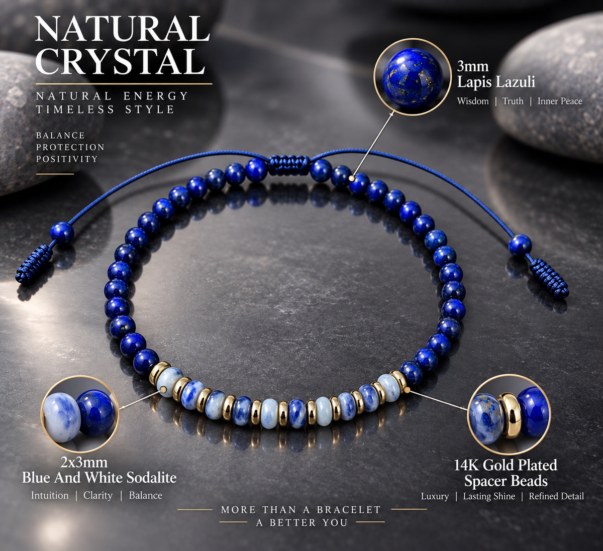 Handmade Bracelet for HIM OR HER. Made with 3mm lapis lazuli, 14K Gold Plated Spacer Beads, 2x3mm Blue and white Sodalite. Adjustable knotted Cord