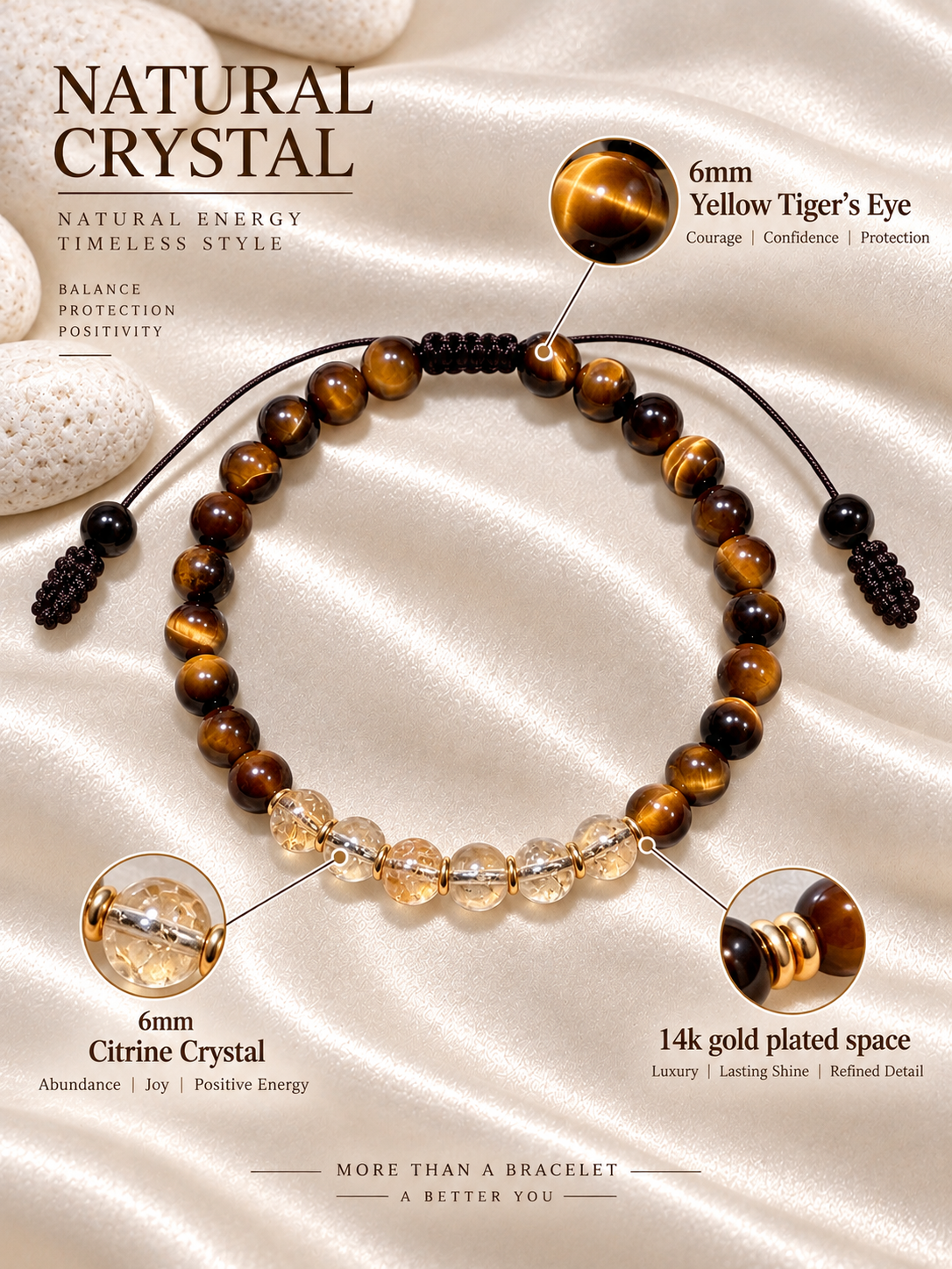 Handmade Bracelet for HIM OR HER. With  6mm yellow tiger’s eye, 6mm citrine crystal, 14K Gold Plated Spacer Beads, Adjustable knotted cord