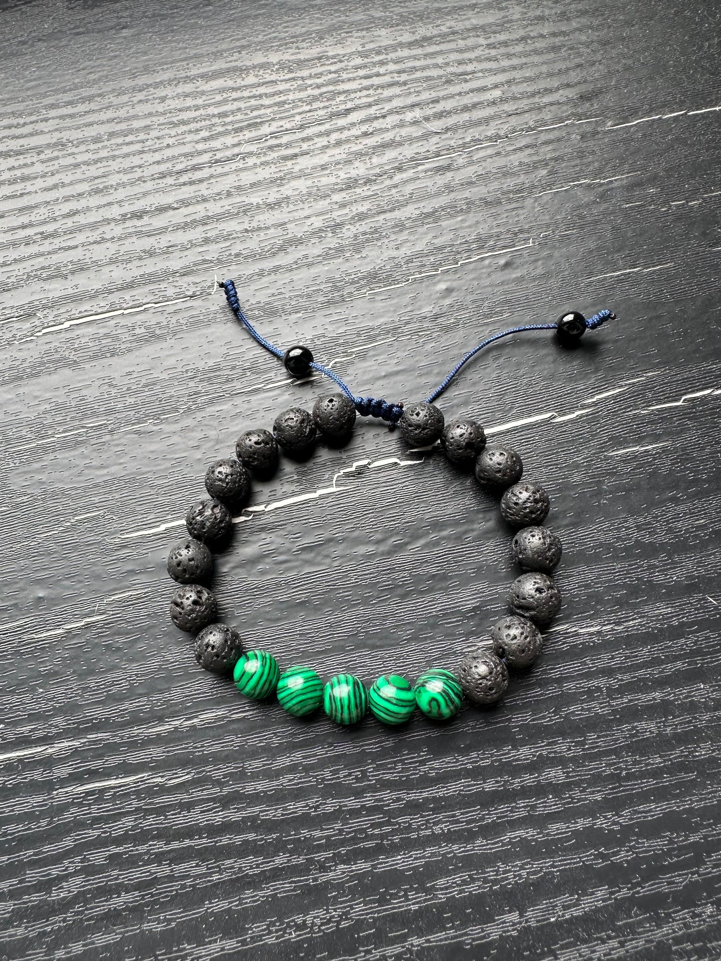 Bracelet For Men Natural Stone Beads 8mm Lava Rock with 5 pieces Malachite in the middle with Stretch Bracelets Adjustable Bracelet for Men