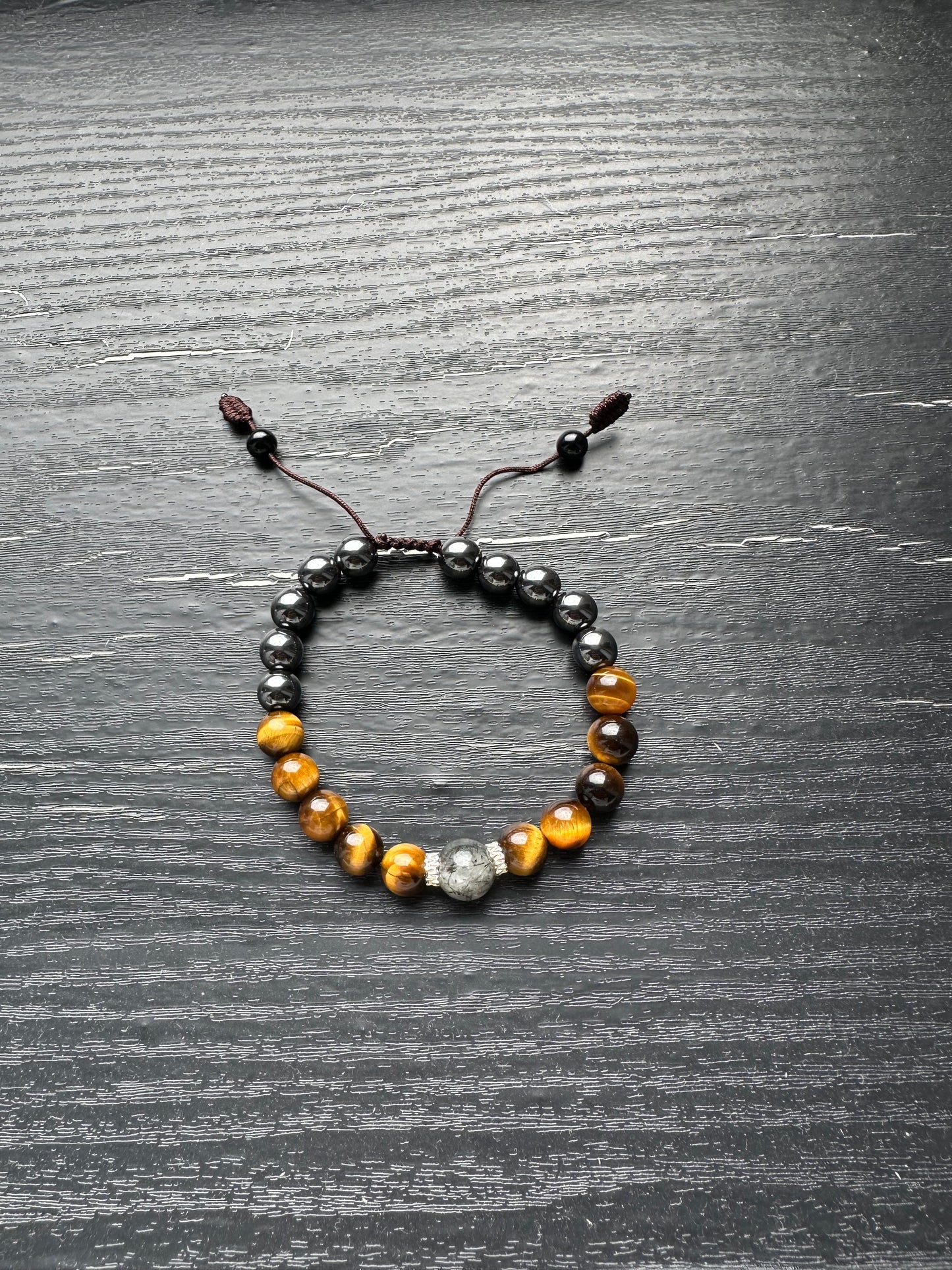 Bracelet For Men Natural Stone Beads 8mm Yellow Tiger Eye, hematite, one piece Black Rutilated Quartz in the middle with 925 Sterling Silver space bead Stretch Bracelets Adjustable Bracelet for Men