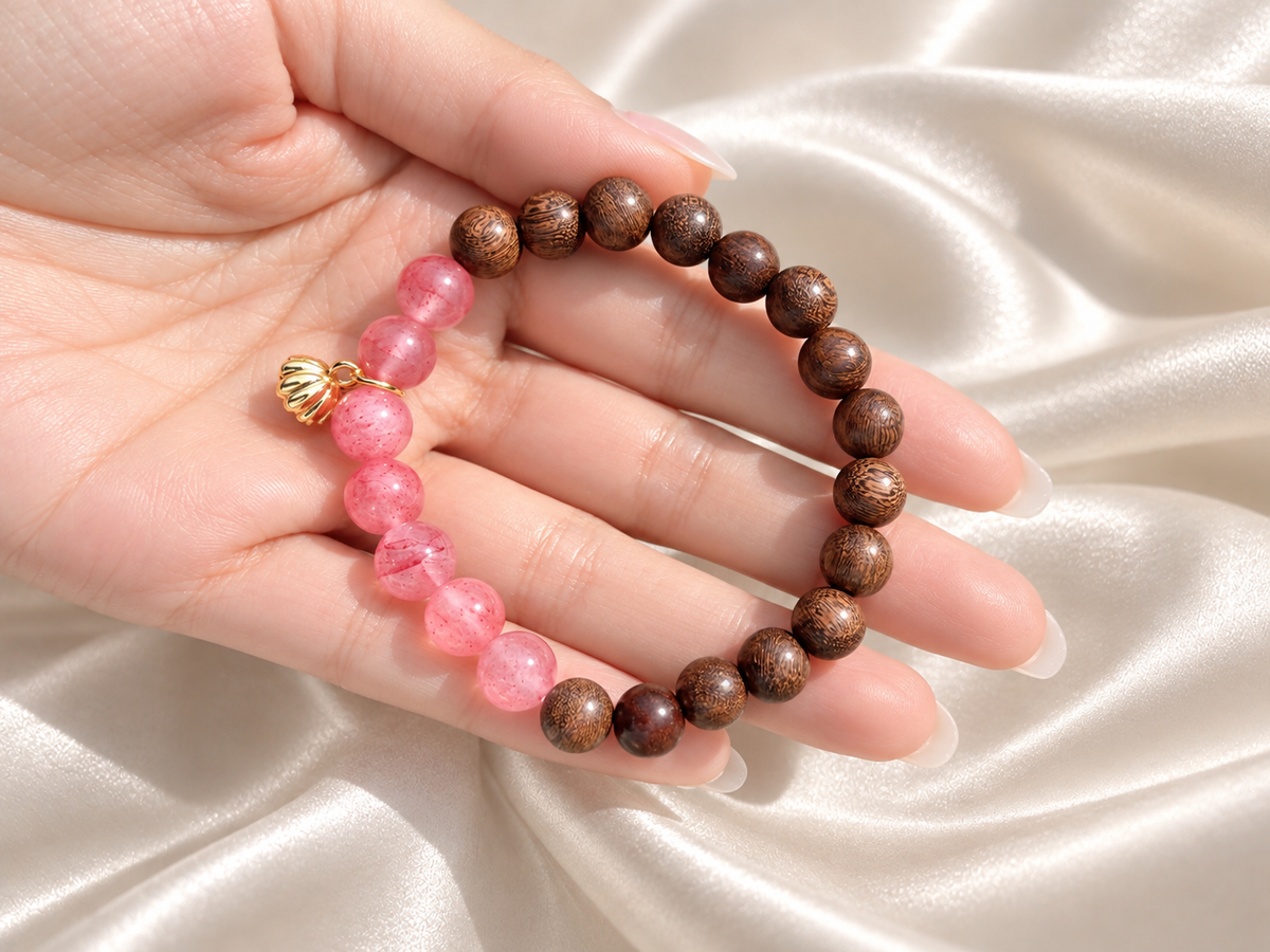 Beaded Bracelet for Her, 8mm sandalwood,   8mm  Natural Pink Chalcedony Bracelet Elastic Stretch Cord