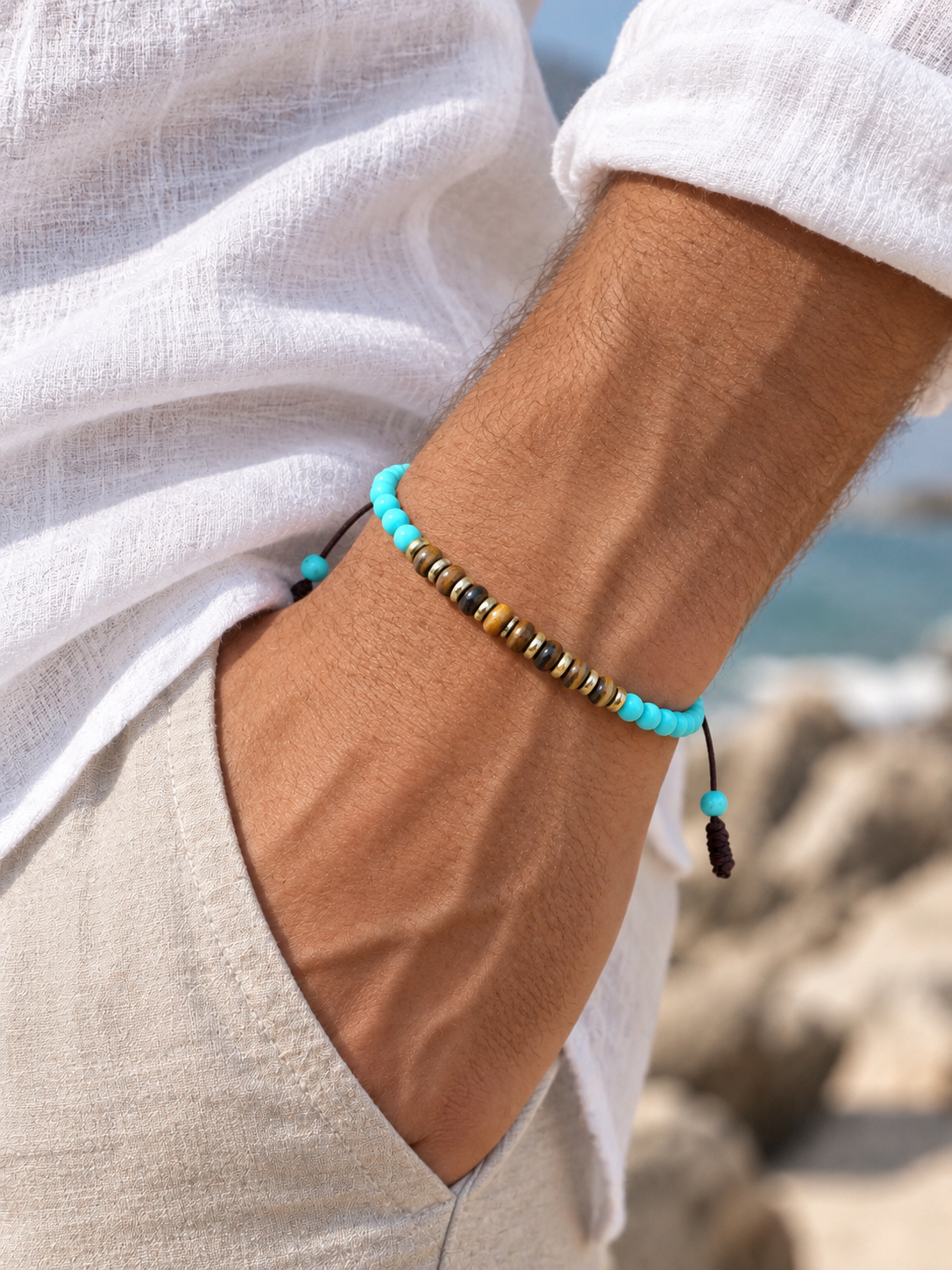 Handmade Bracelet for HIM OR HER. Made with 3mm turquoise, 2x3mm yellow tiger’s eye. 14K Gold Plated Spacer Beads, Adjustable knotted Cord