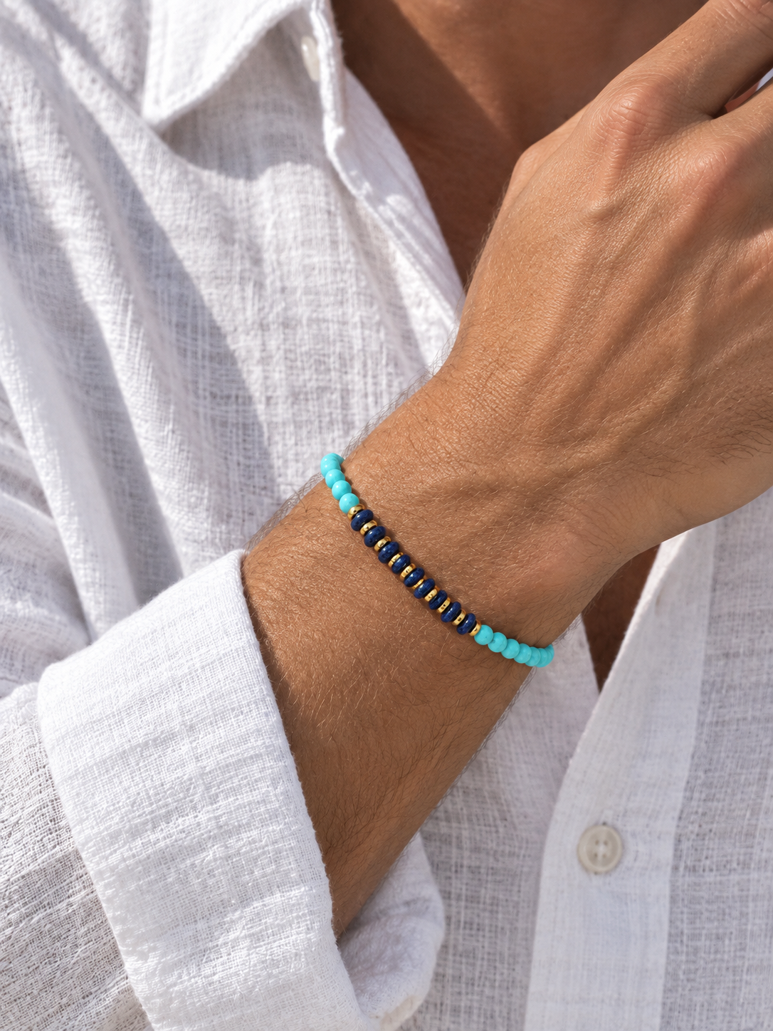 Handmade Bracelet for HIM OR HER. Made with 3mm turquoise. 14K Gold Plated Spacer Beads, 2x3mm lapis lazuli, Adjustable knotted Cord