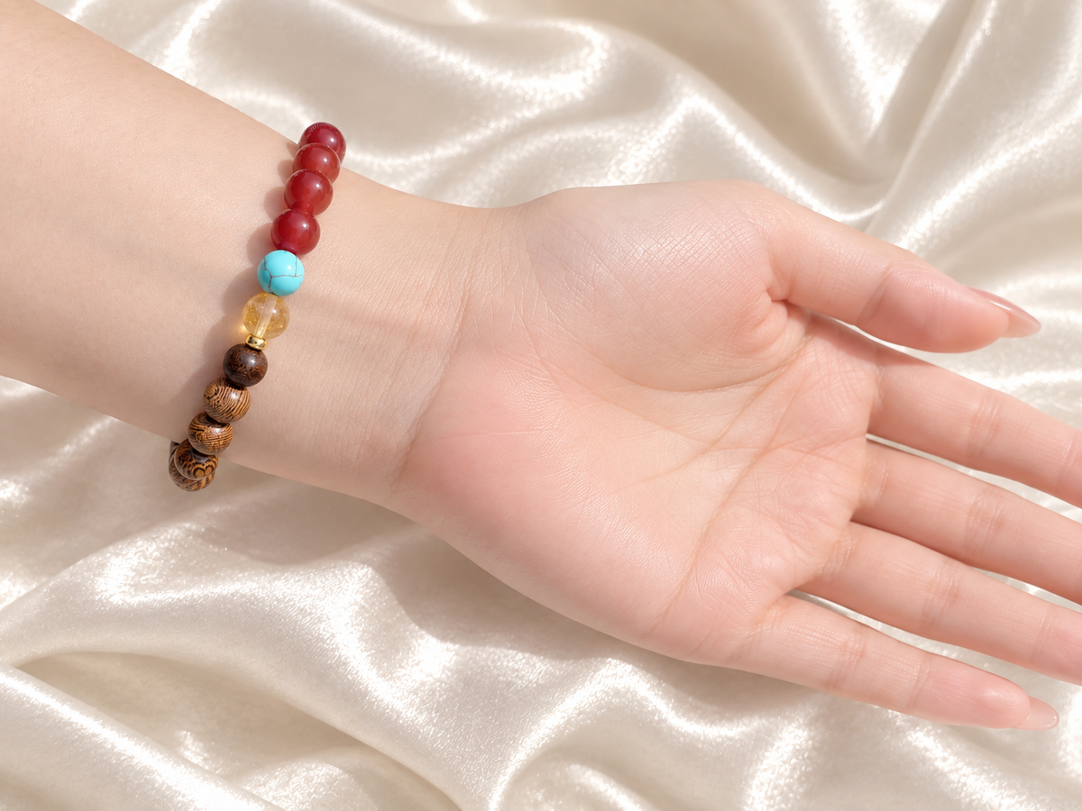 Bracelet for HIM AND HER, Made it with 6mm  Sandalwoods and 6mm nurture Red agate, 1pc Turquoise,1pc citrine crystalwith Elastic stretch cord