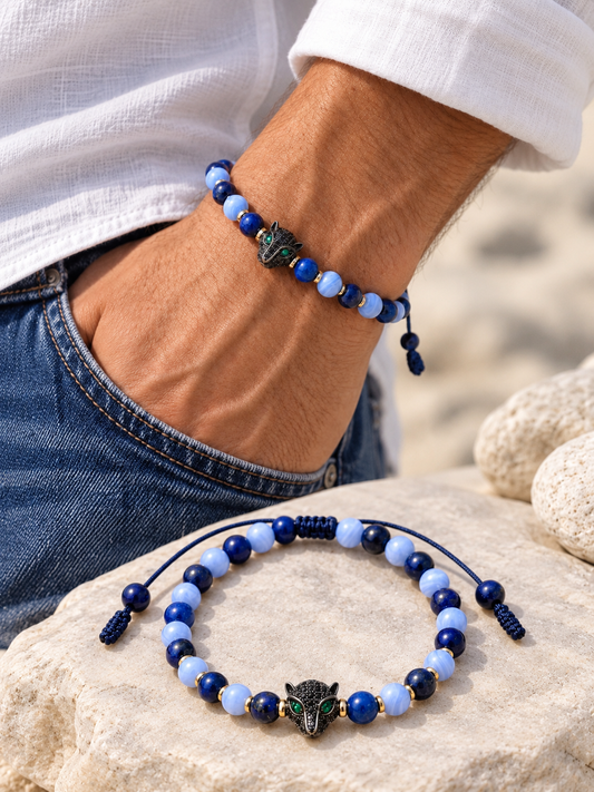 Handmade Gemstone Bracelet for HIM OR HER. With 6mm blue lace agate, 6mm Lapis Lazuli, Leopard Charms Zircon Rhinestone Beads.Adjustable  Knotted Cord