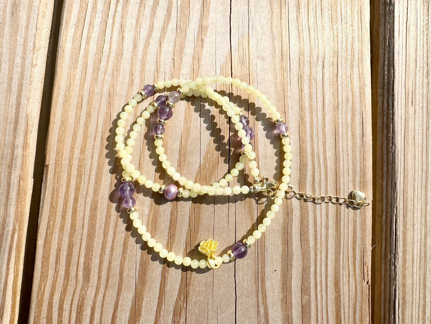 925 Sterling Silver gold plated with main stone 3mm Lemon jade, Amethyst , made three row bracelet and 18inch length necklace ( two in one)