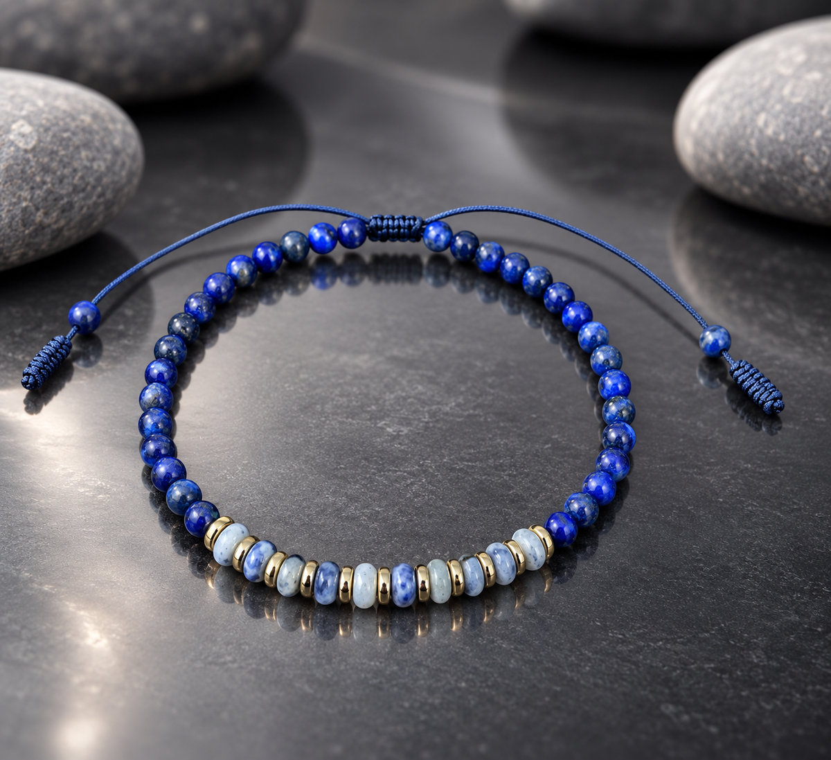 Handmade Bracelet for HIM OR HER. Made with 3mm lapis lazuli, 14K Gold Plated Spacer Beads, 2x3mm Blue and white Sodalite. Adjustable knotted Cord