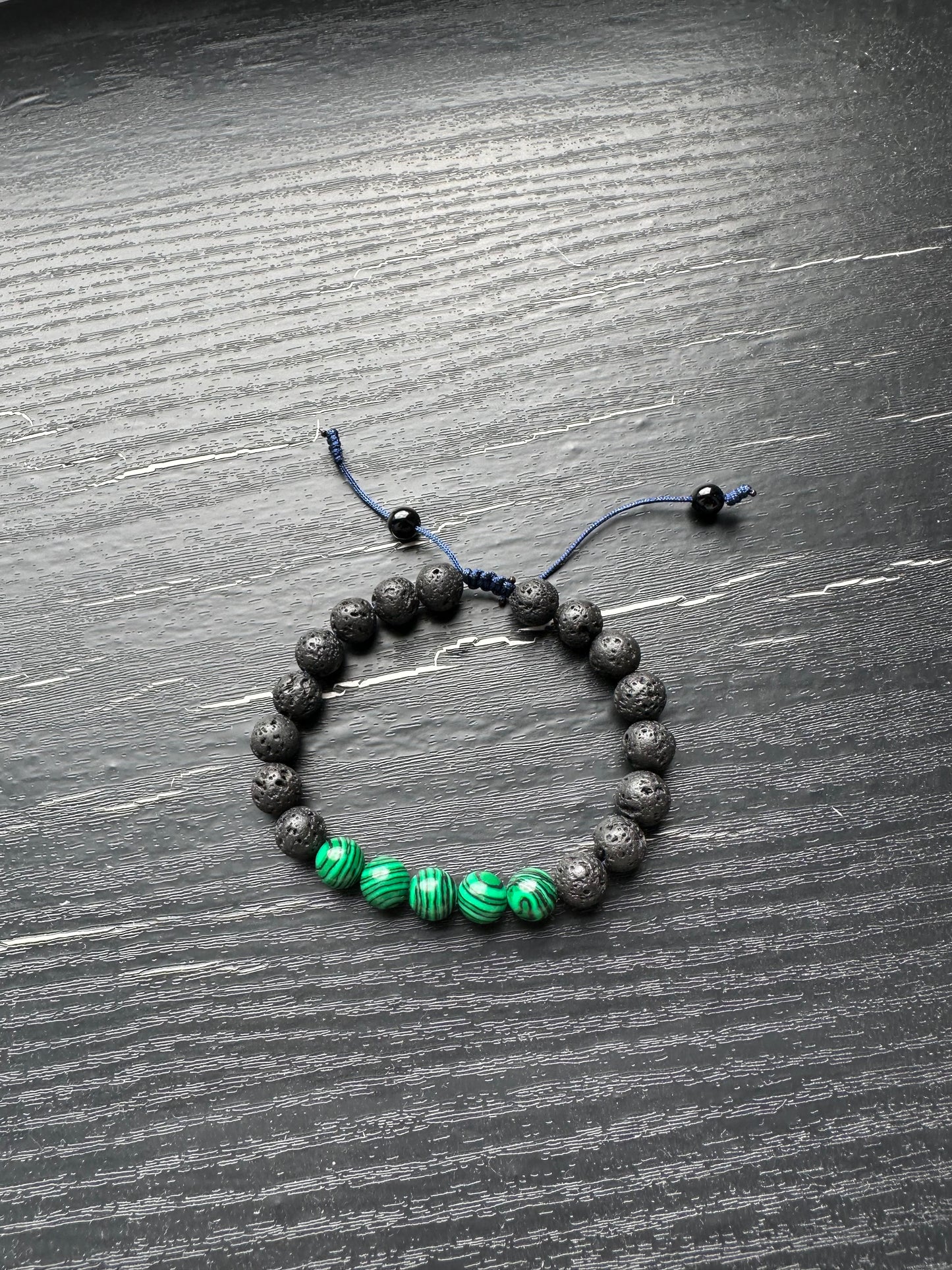 Bracelet For Men Natural Stone Beads 8mm Lava Rock with 5 pieces Malachite in the middle with Stretch Bracelets Adjustable Bracelet for Men