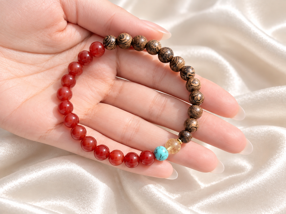 Bracelet for HIM AND HER, Made it with 6mm  Sandalwoods and 6mm nurture Red agate, 1pc Turquoise,1pc citrine crystalwith Elastic stretch cord