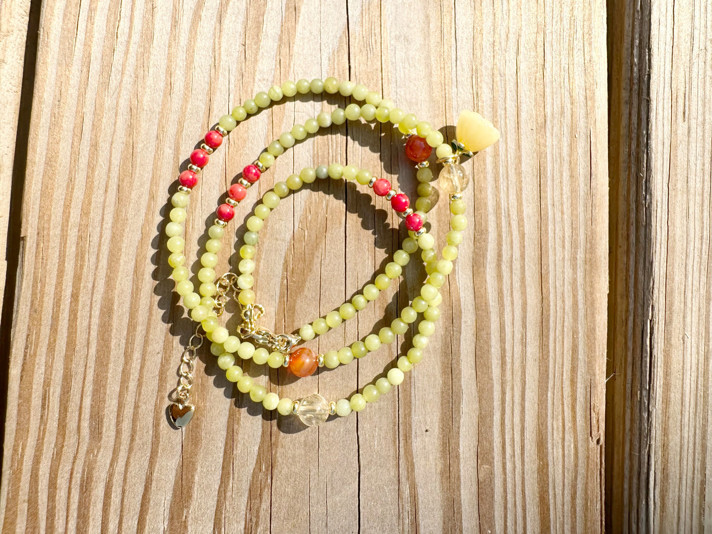 925 Sterling Silver gold plated with main stone 3mm Peridot gemstone, Coral, citrine crystal , made three row bracelet and 18inch length necklace ( two in one)